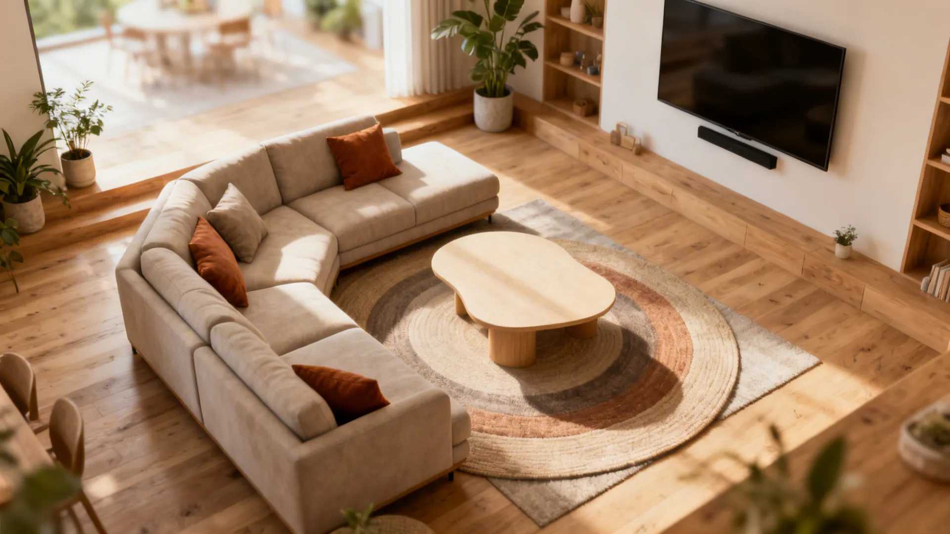 2. L-shaped seating for conversation + TV