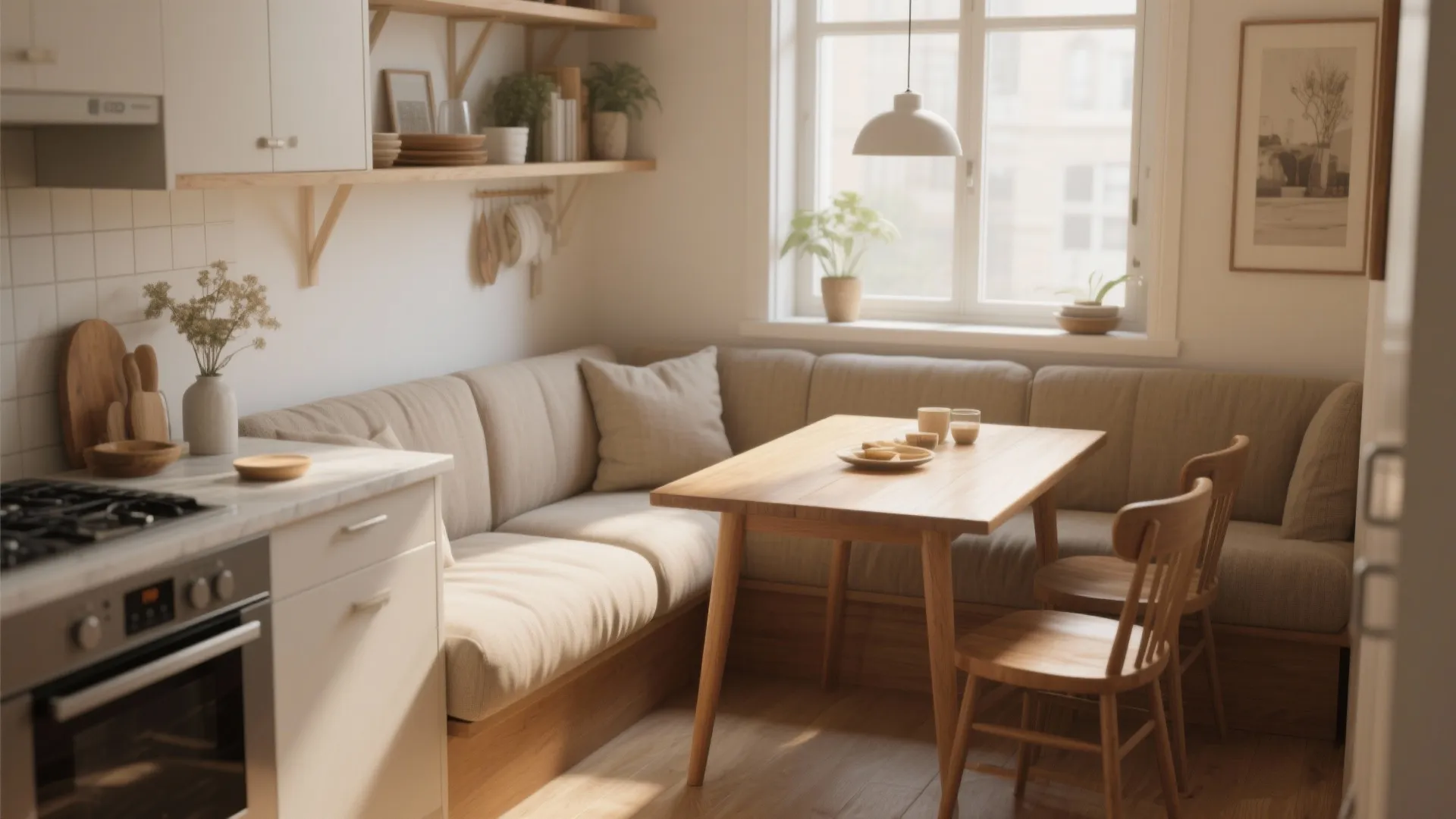 Cozy dining area with beige corner sofa wooden table matching chairs windows and white light fixture