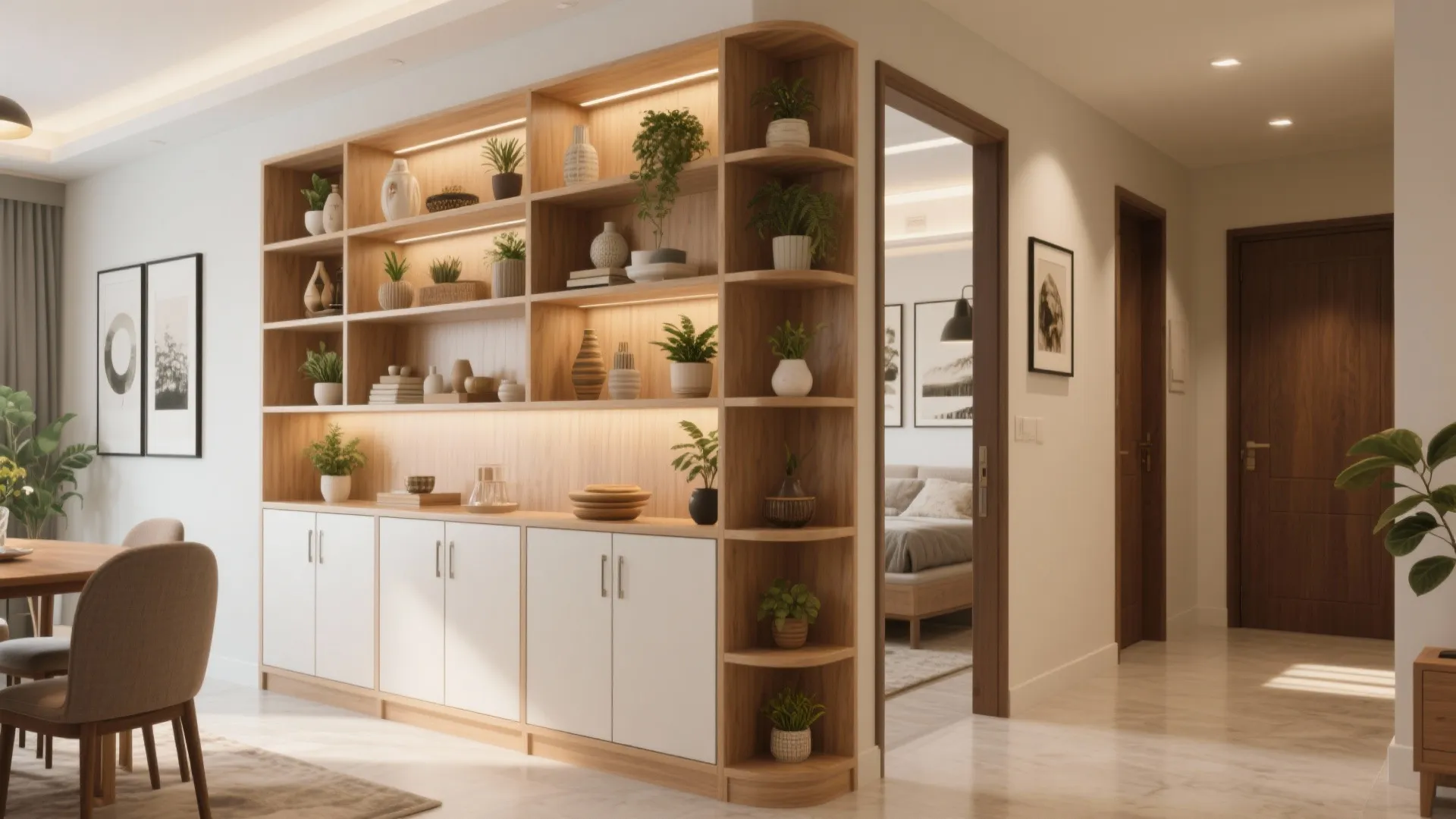Modern wooden cabinet shelf with plants and white doors used as a room divider wall
