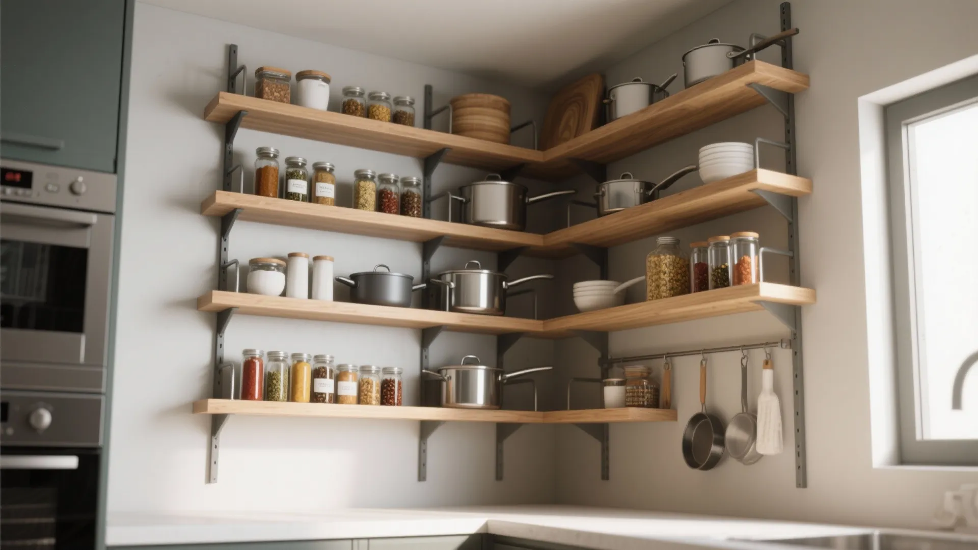 Kitchen corner with L-shaped wooden wall shelves holding spice jars, metal pots, and kitchen accessories