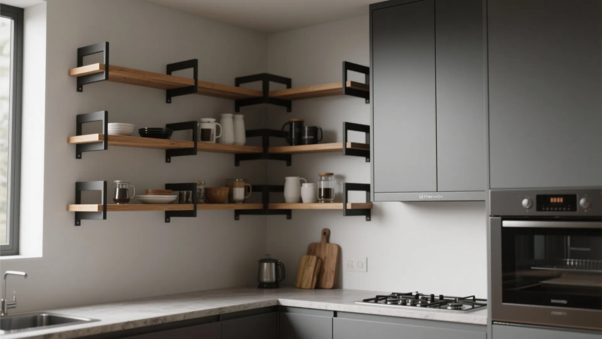 L-shaped kitchen shelving layout with staggered shallow and deeper shelves plus one closed cabinet.