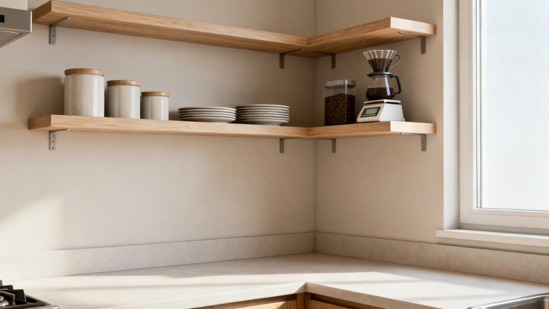 L-shaped corner shelves in a galley kitchen with a dedicated coffee station.