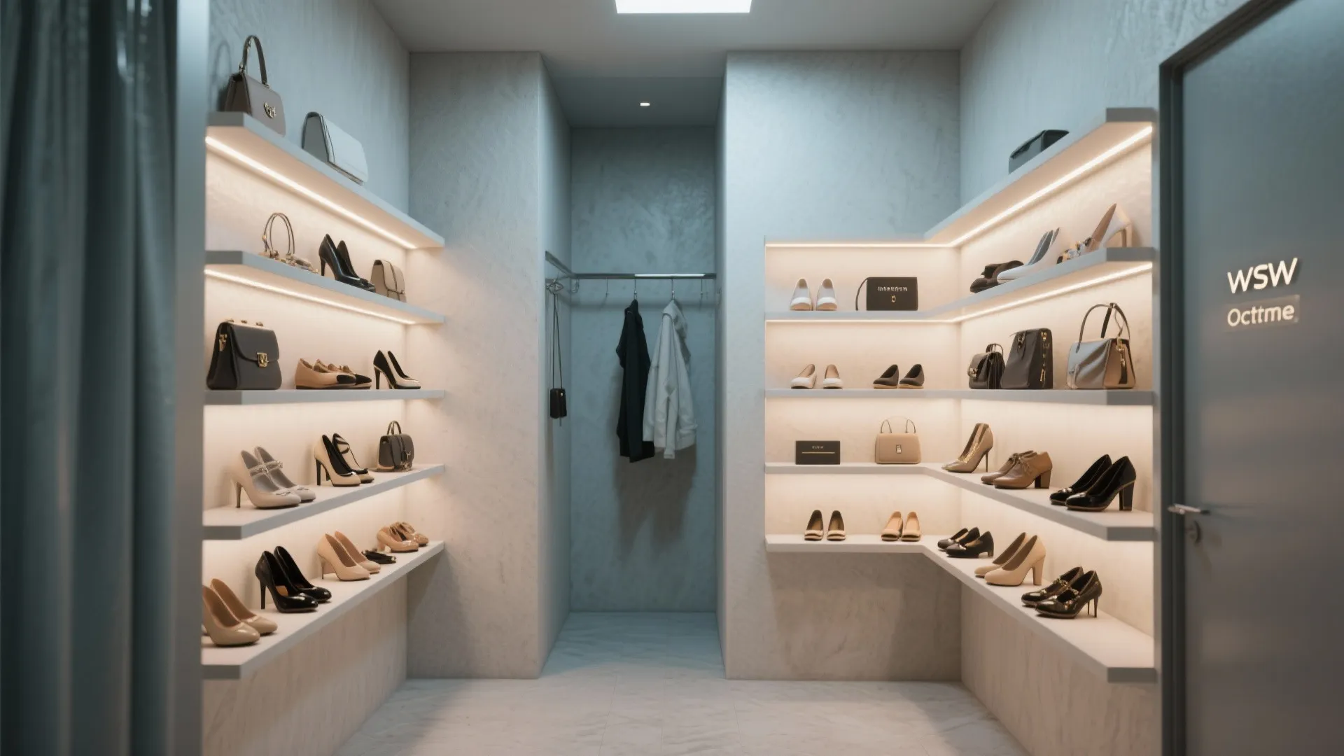 Small changing room with L-shaped corner shelves and LED lighting