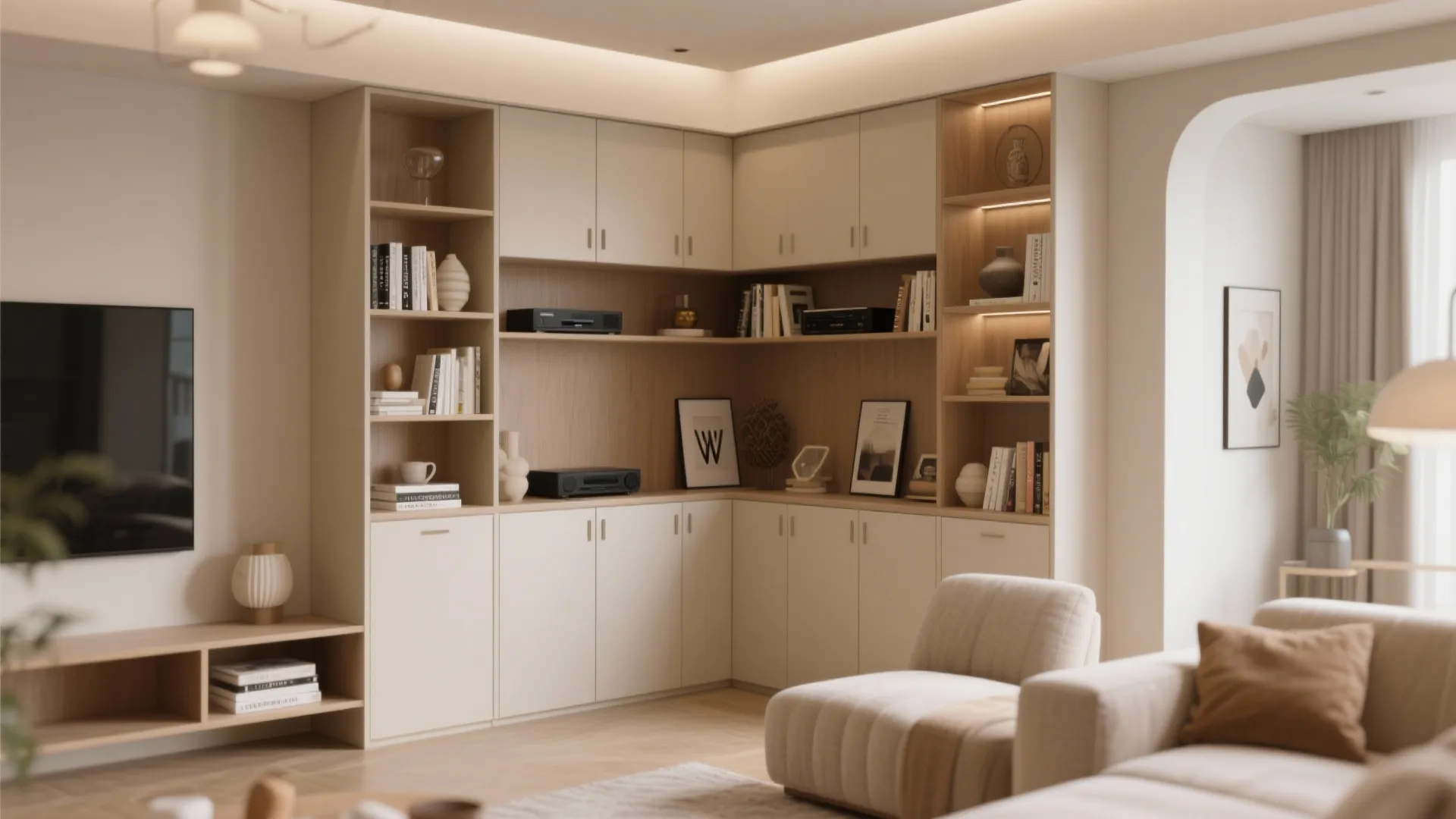 Modern cream l-shaped wall cabinet with open shelves books television stand and soft indoor lighting