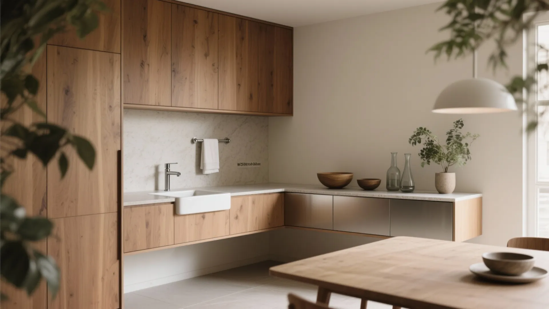 Modern kitchen featuring wooden cabinets white sink dining table and a white hanging ceiling light