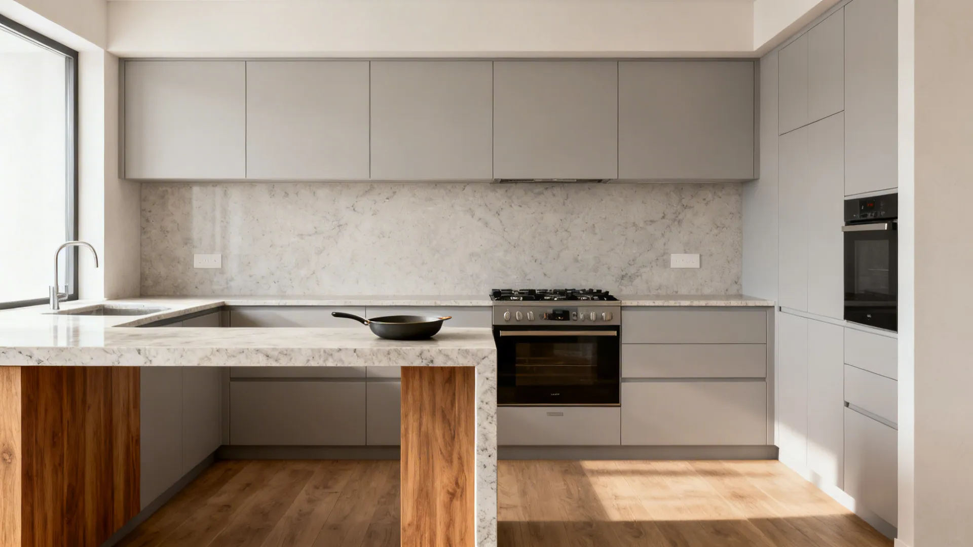 Small kitchen with an L-shaped side counter creating extra prep space and clear aisle flow.