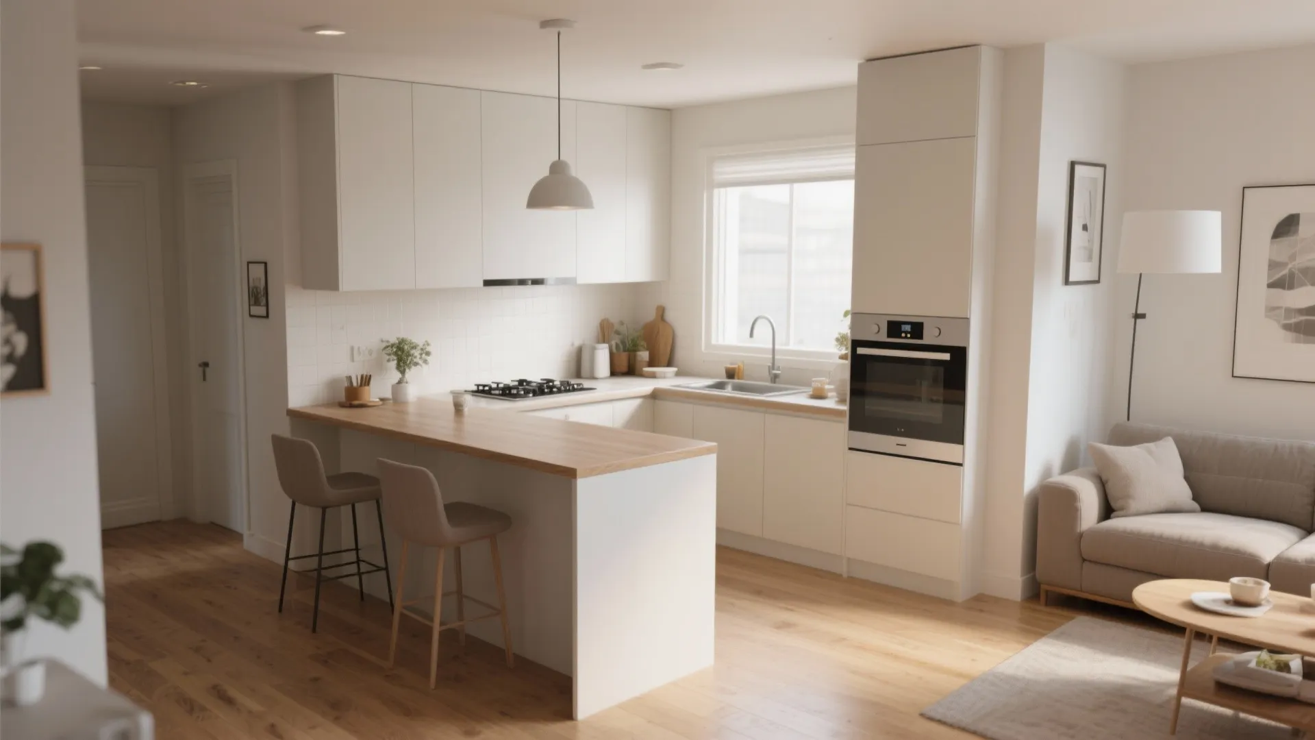 Small white kitchen with breakfast bar wooden countertop oven sink ceiling light and living area