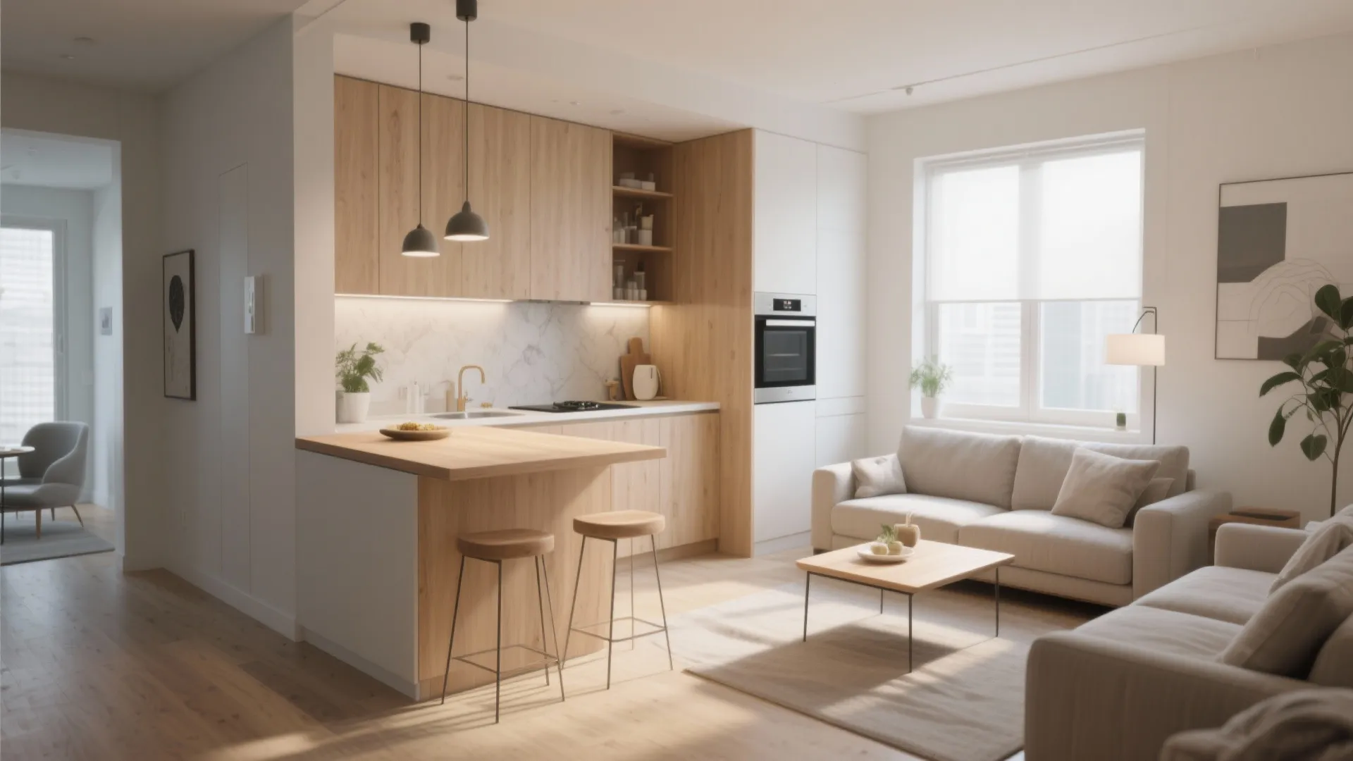 Modern open plan living room with wooden kitchen cabinets white sofa and warm ceiling light