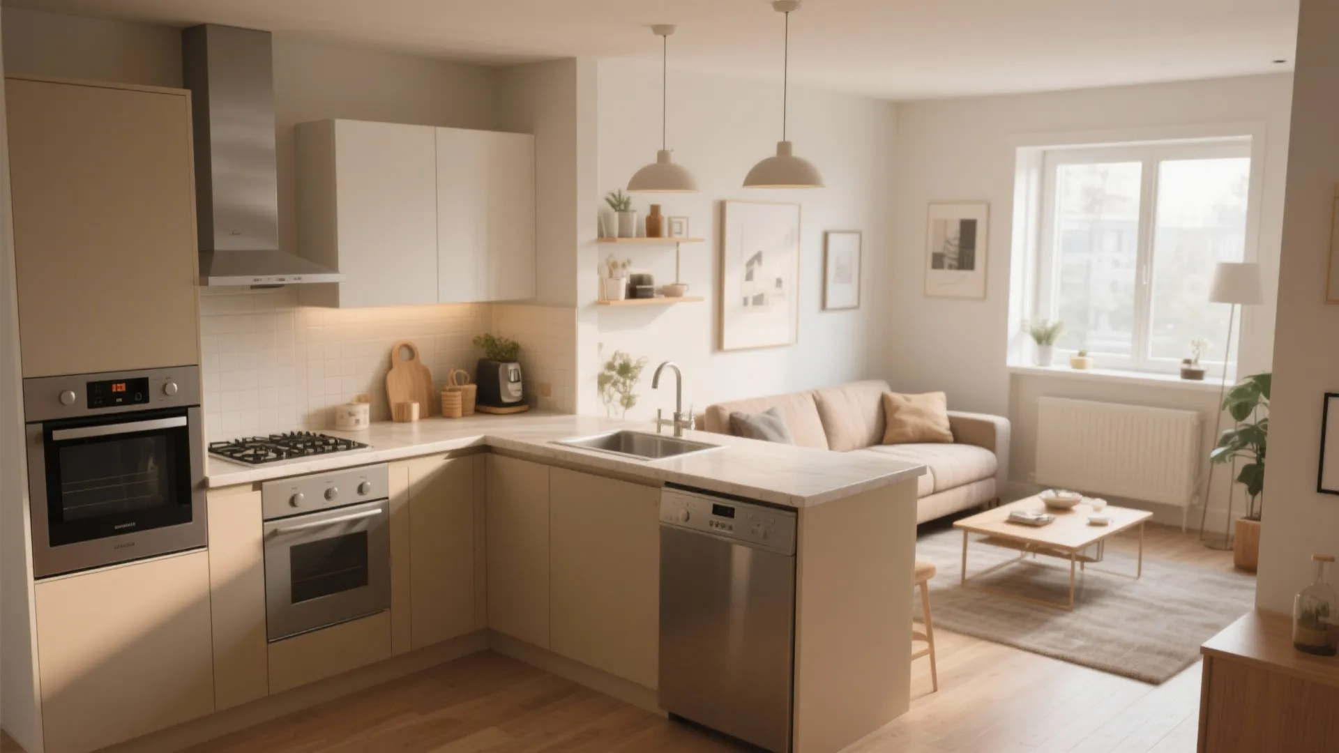 Modern cream L-shaped kitchen with wooden floors next to a bright living room seating area