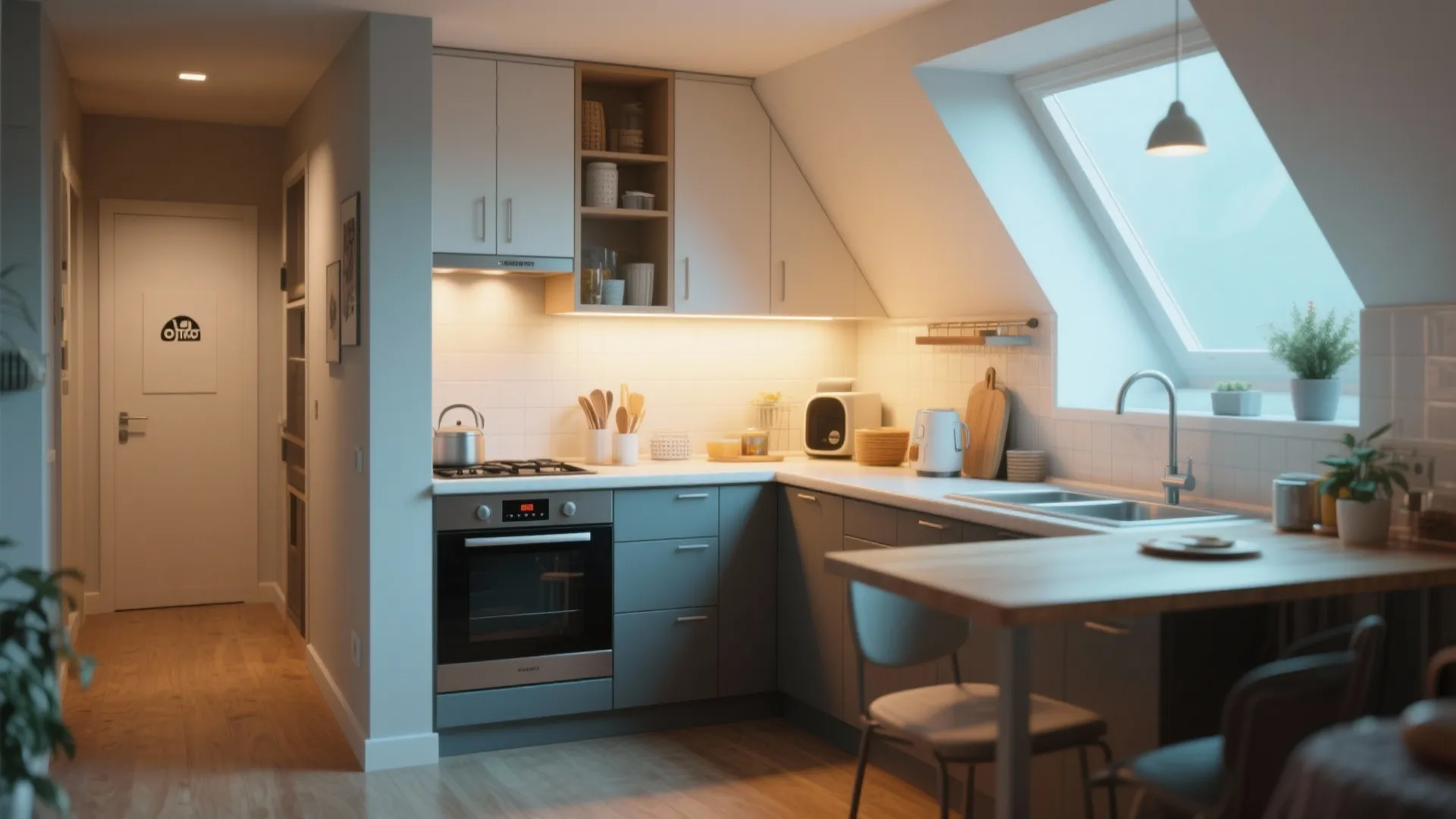 L-shaped compact kitchen layout