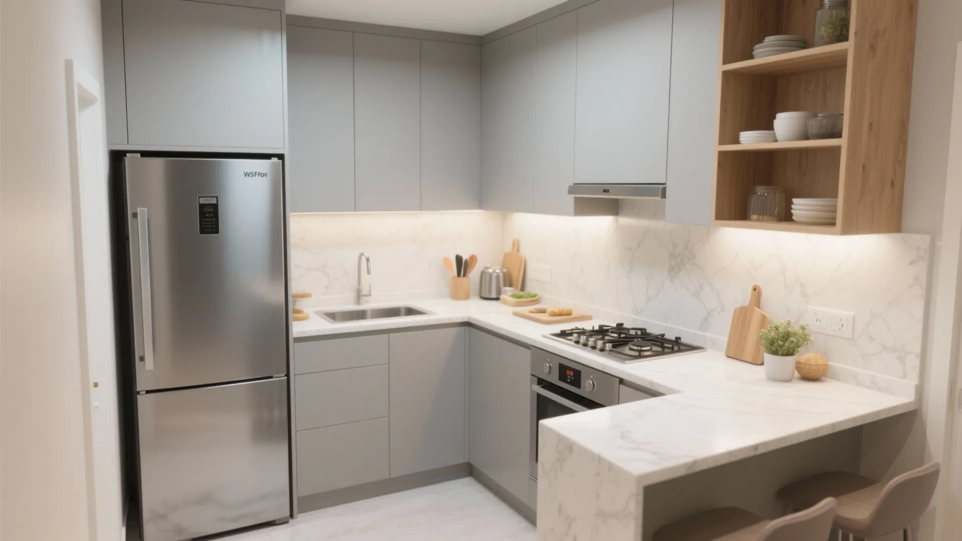 L-shaped small kitchen layout to unlock counter space