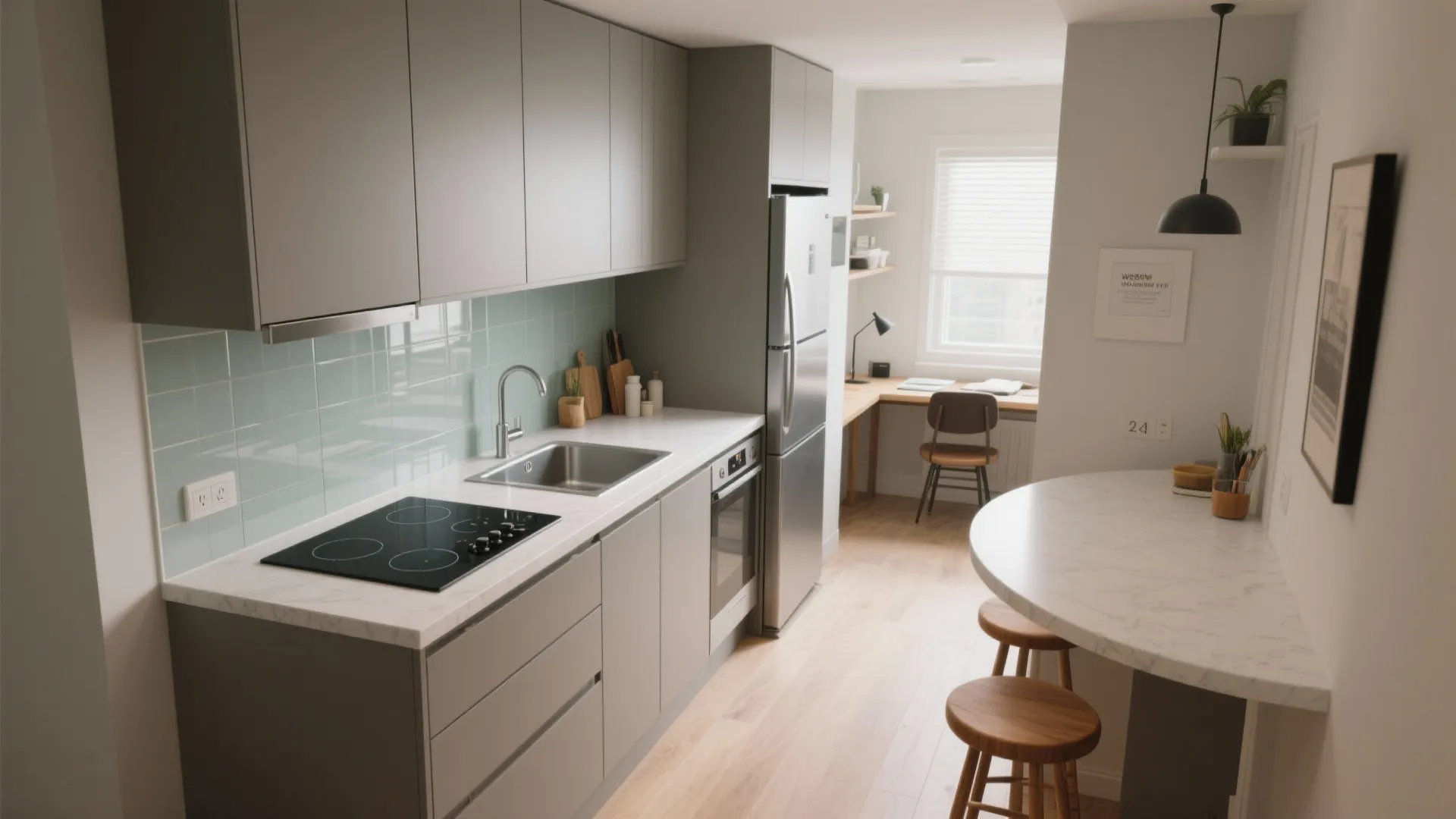 Modern grey kitchen with marble countertop and small dining table next to a workspace area