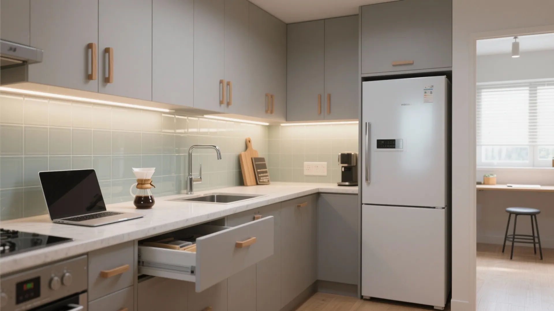 Modern grey kitchen with white fridge open drawer laptop coffee pot sink and light fixtures