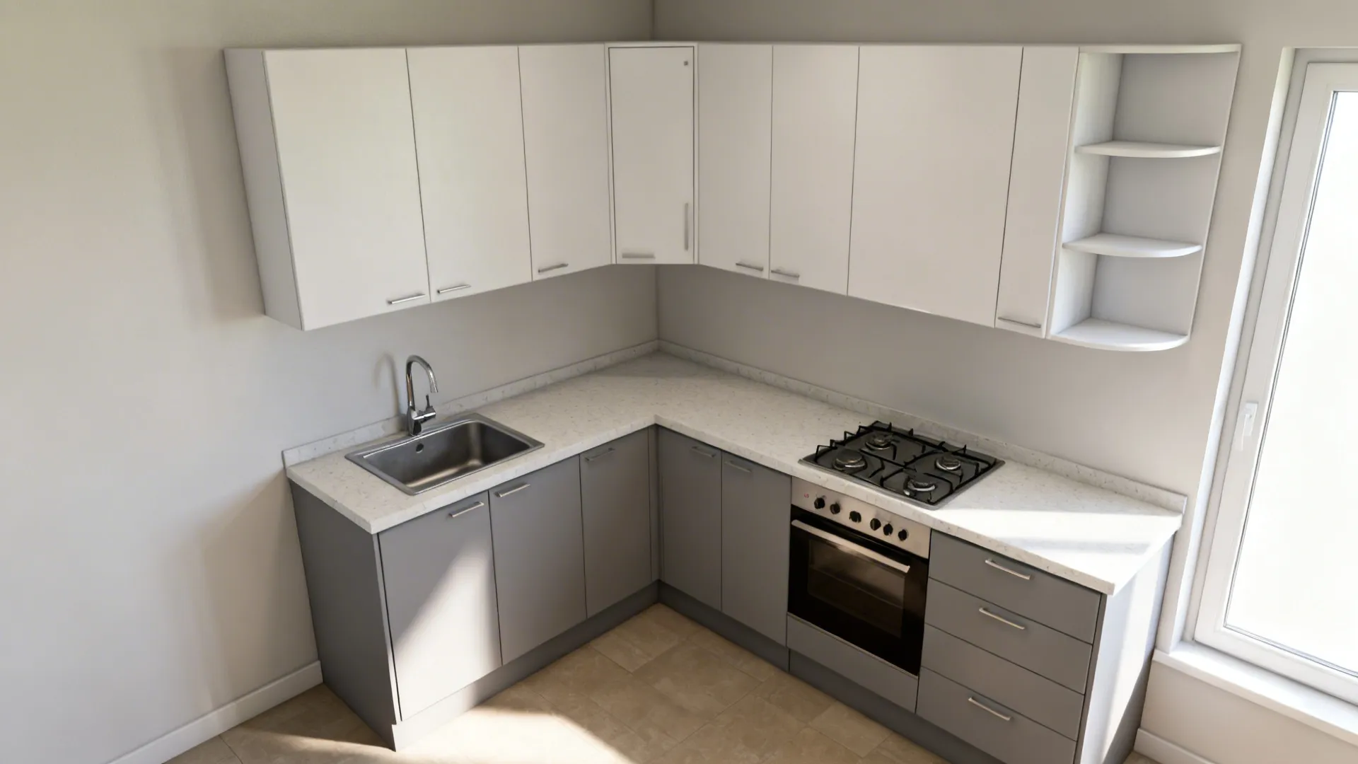 Compact L-shaped kitchen with sink and cooktop on separate legs