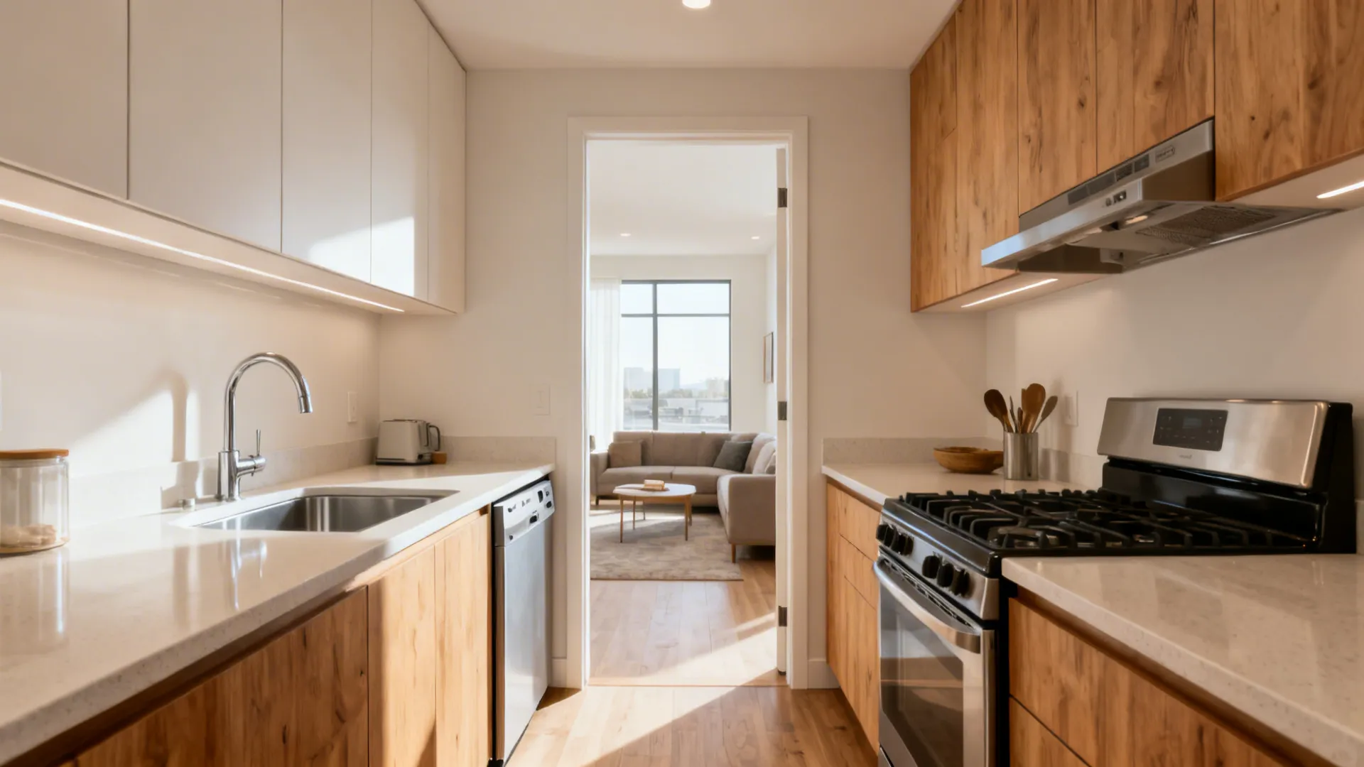 Kitchen with wood cabinets white counters sink and stove view into living room with sofa