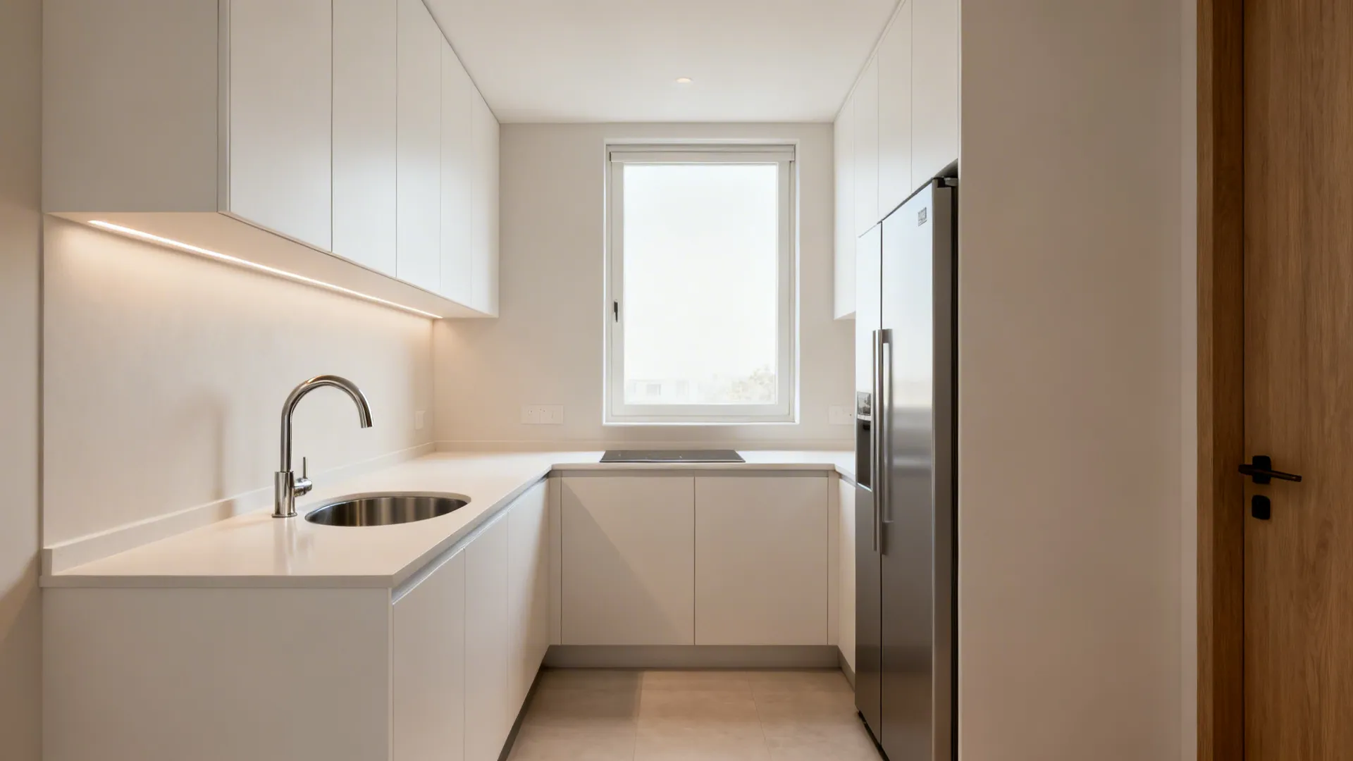 Compact L-shaped kitchen with continuous counters and clear aisle for easy flow.