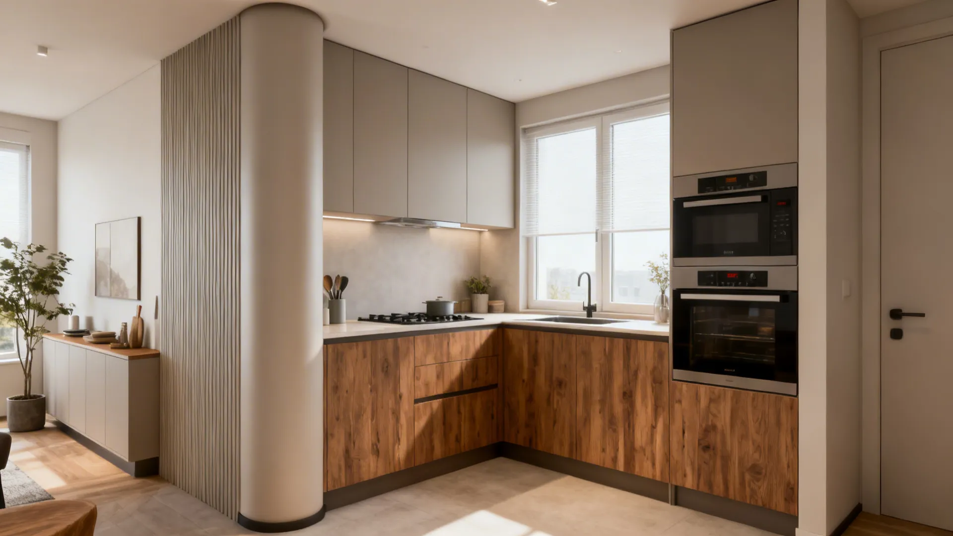 Compact L-shaped kitchen with tall units on the short leg and clear aisle.