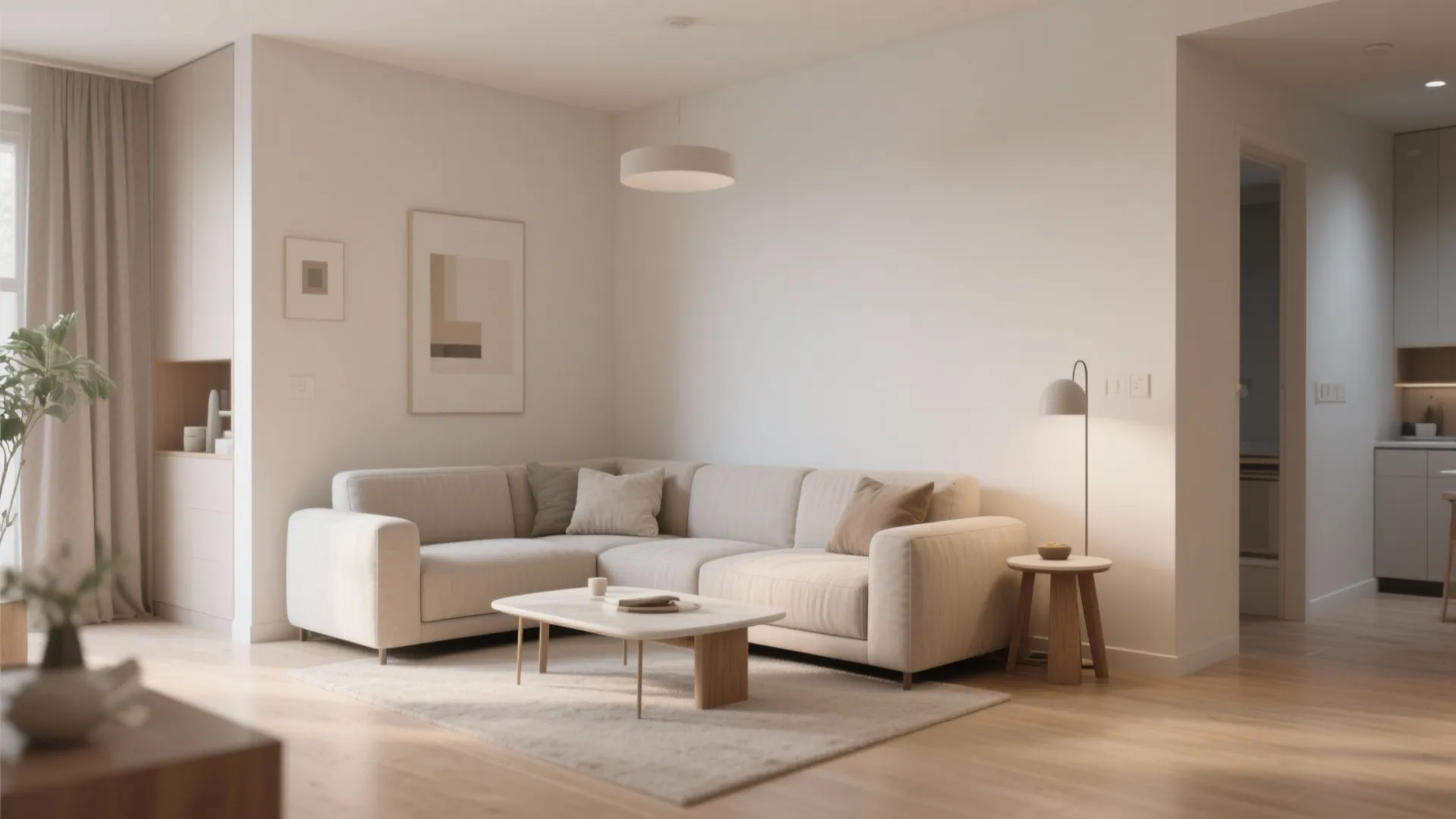 Minimalist living room with beige sofa coffee table wooden floor white ceiling light and floor lamp