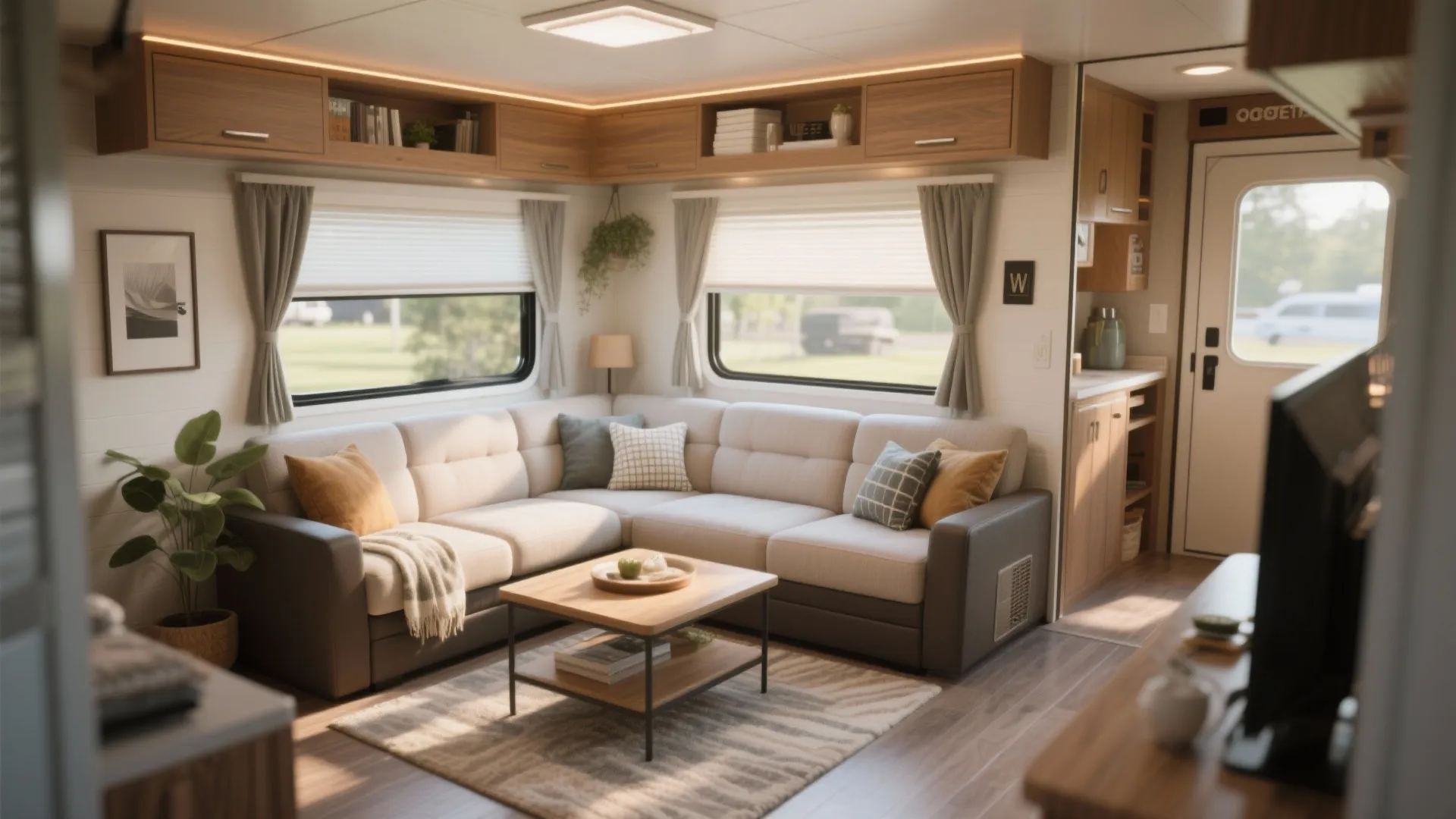 Cozy interior featuring an L shaped sofa with grey curtains wooden cabinets and coffee table
