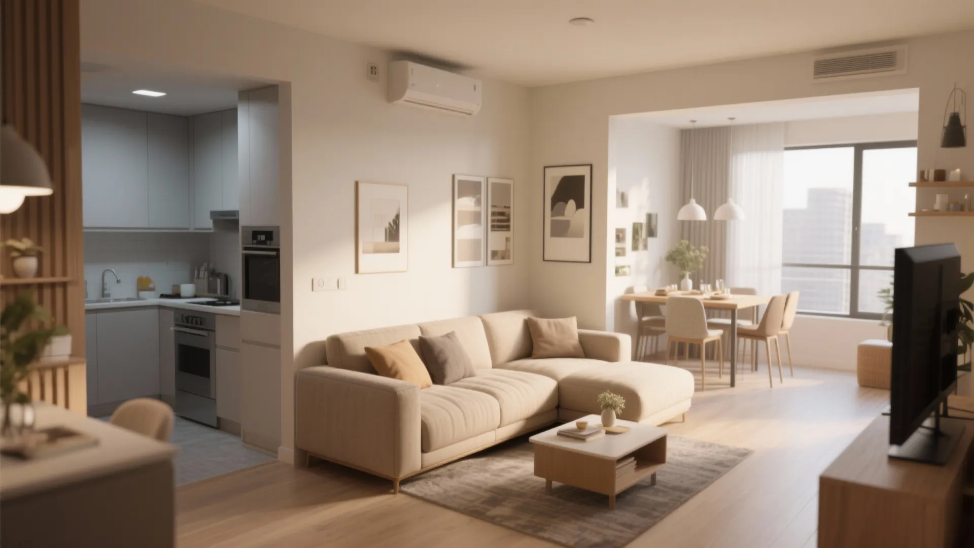 Compact L-shaped sofa creating a living zone in open-plan condo