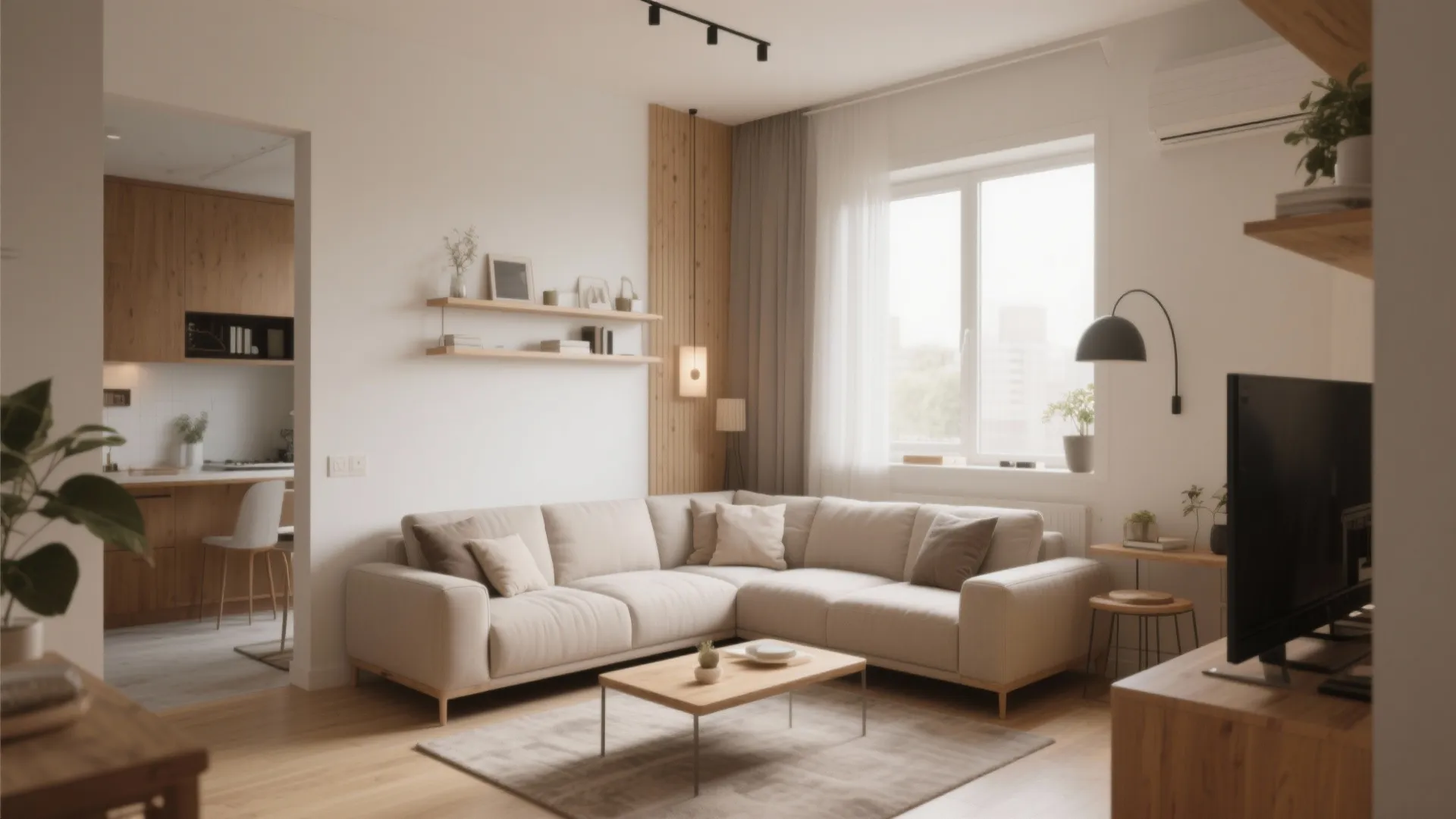 Compact L-shaped sofa in a small open plan living room