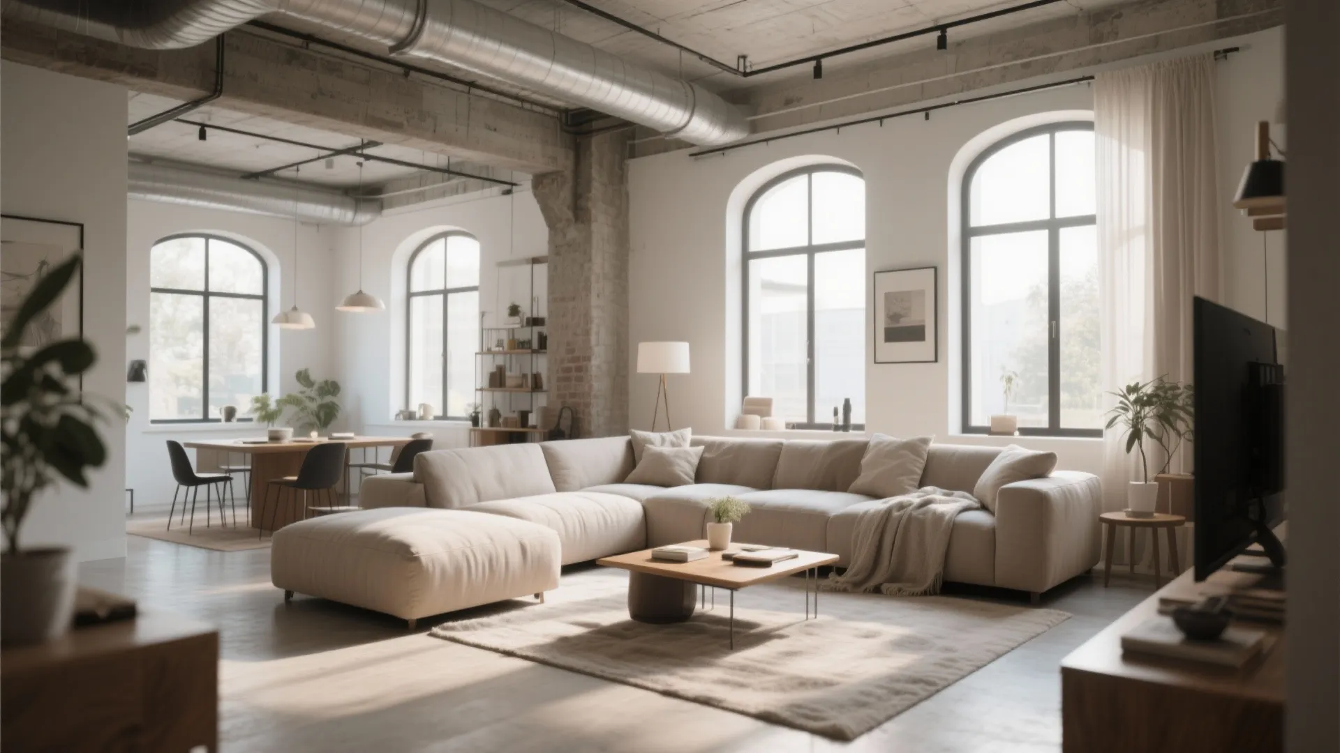 L-shaped sofa defining the living area in an open plan