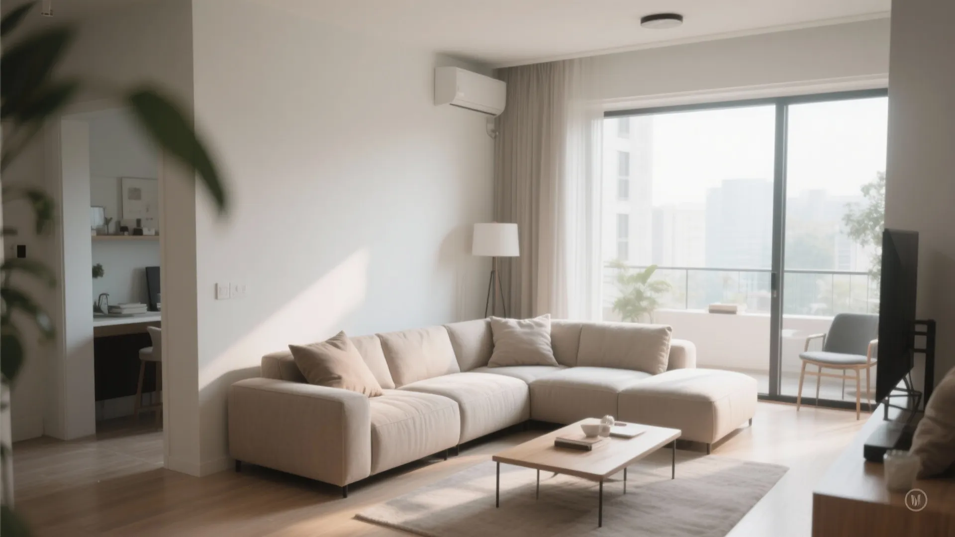 Bright living room with beige sofa, wooden coffee table, floor lamp, rug, and large windows