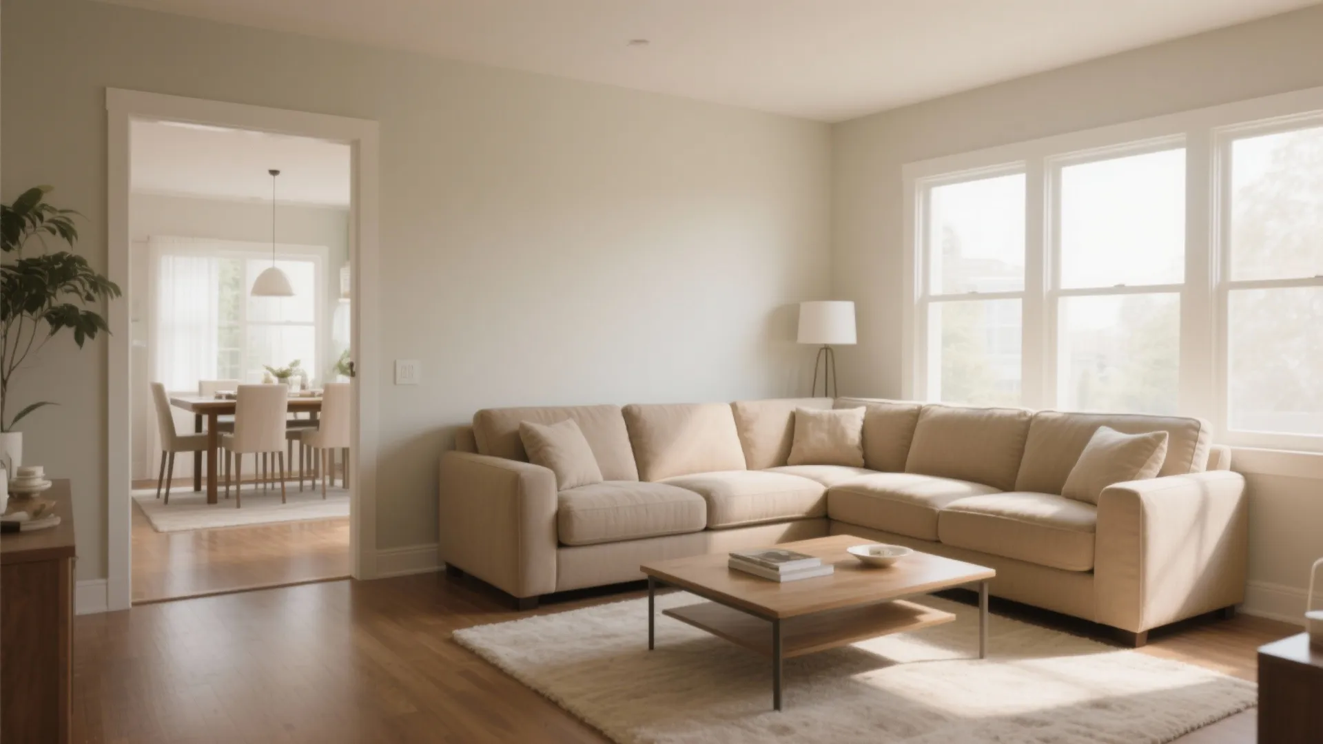 Modern beige sofa in sunny living room with wooden coffee table and white rug design