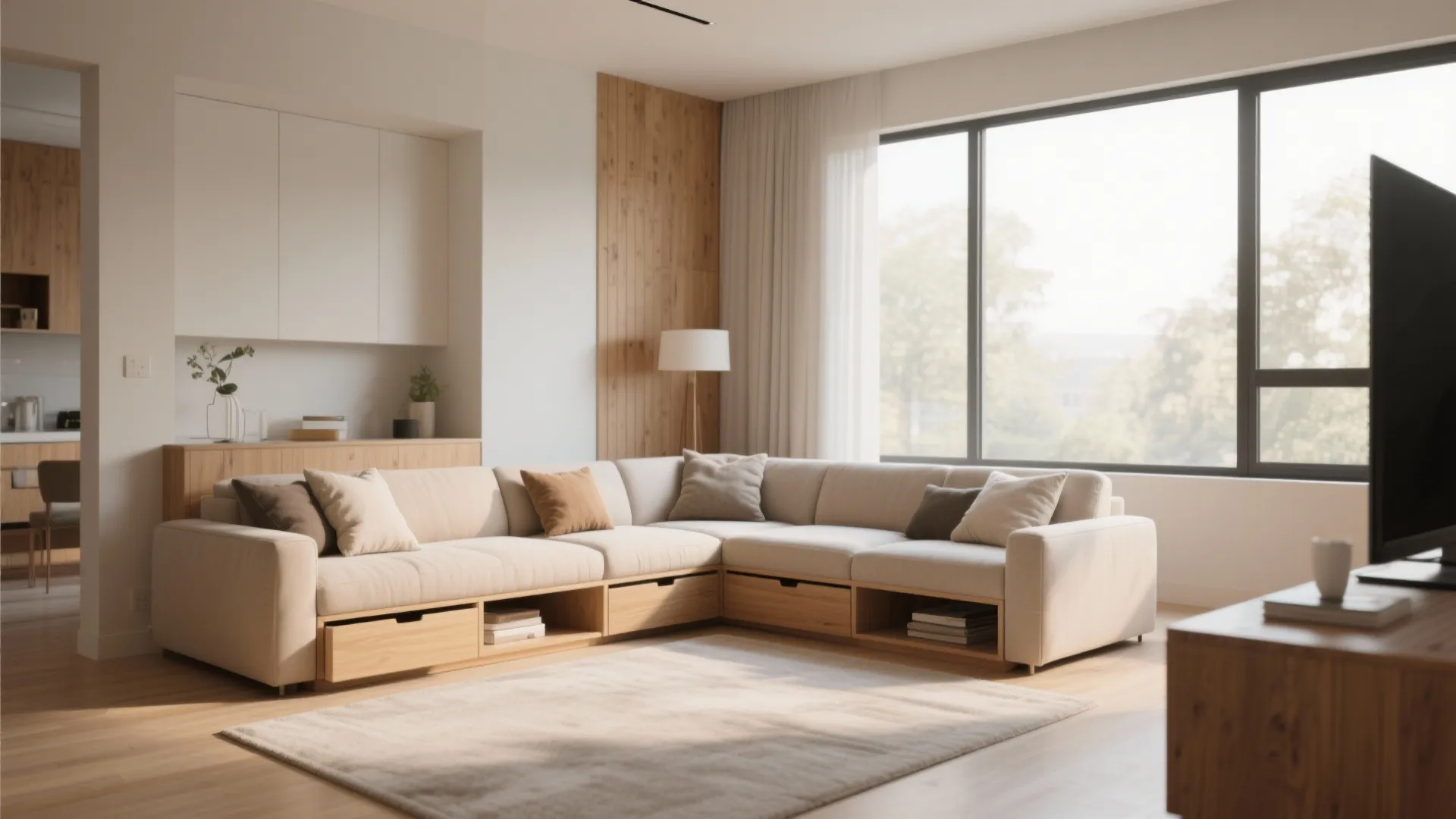 Modern cream l-shaped sofa with wooden storage drawers below in a bright sunlit living room