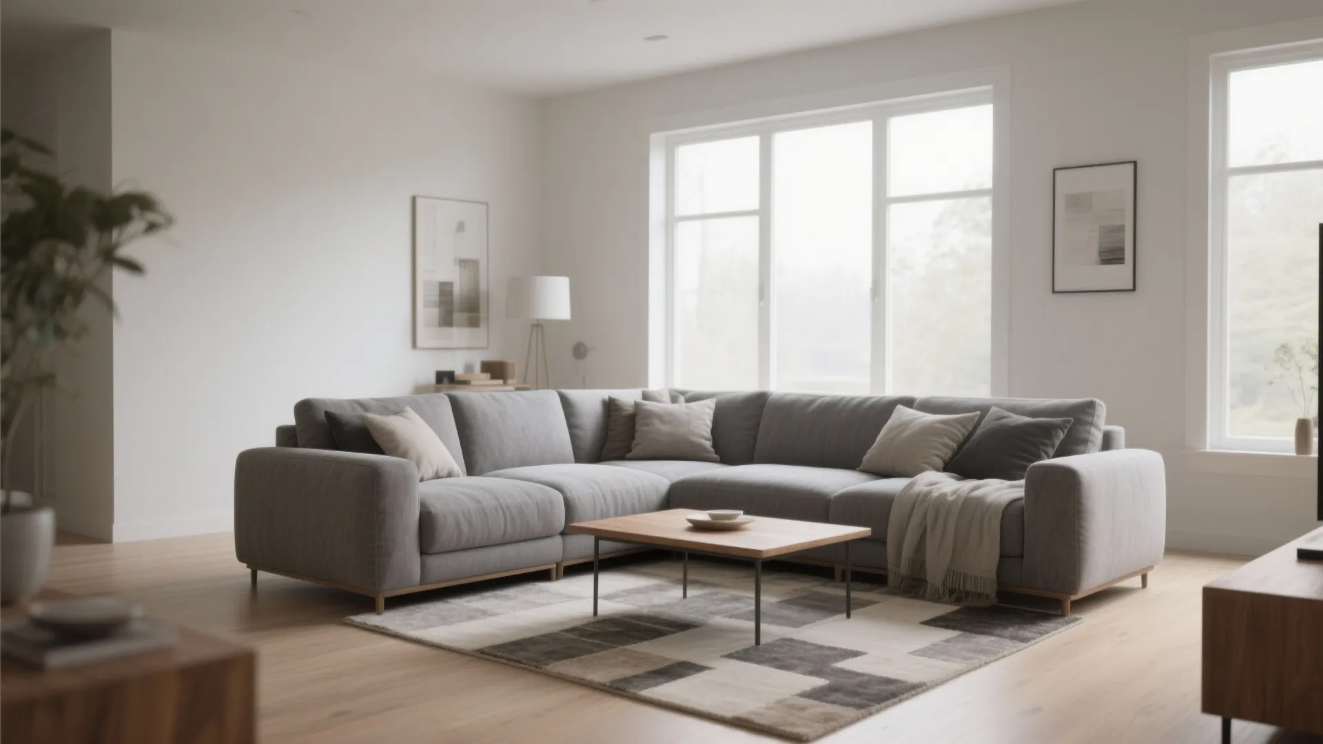 Grey corner sofa in bright living room with wooden coffee table patterned rug and white walls