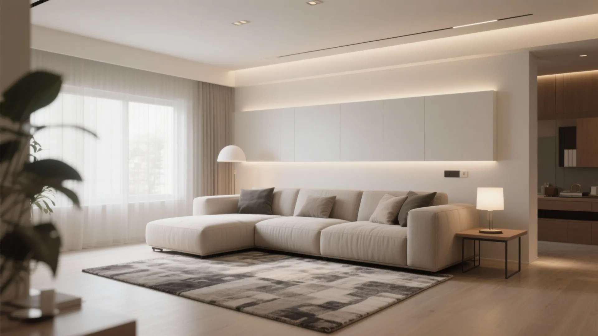 Spacious living room with large beige sofa patterned rug wall panel lighting and small table