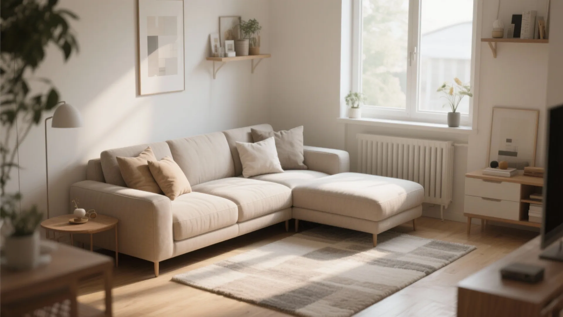 Modern cream sofa with pillows in a bright living room including rug and floor lamp