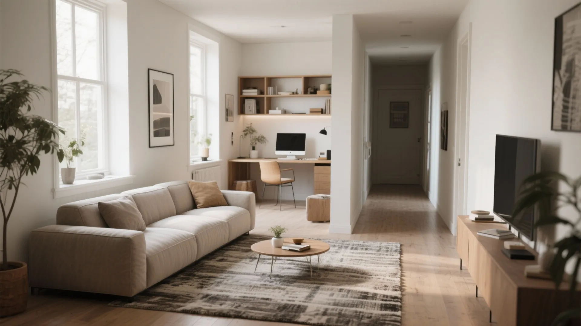 Modern bright living room with white sofa wooden coffee table desk area and natural window light