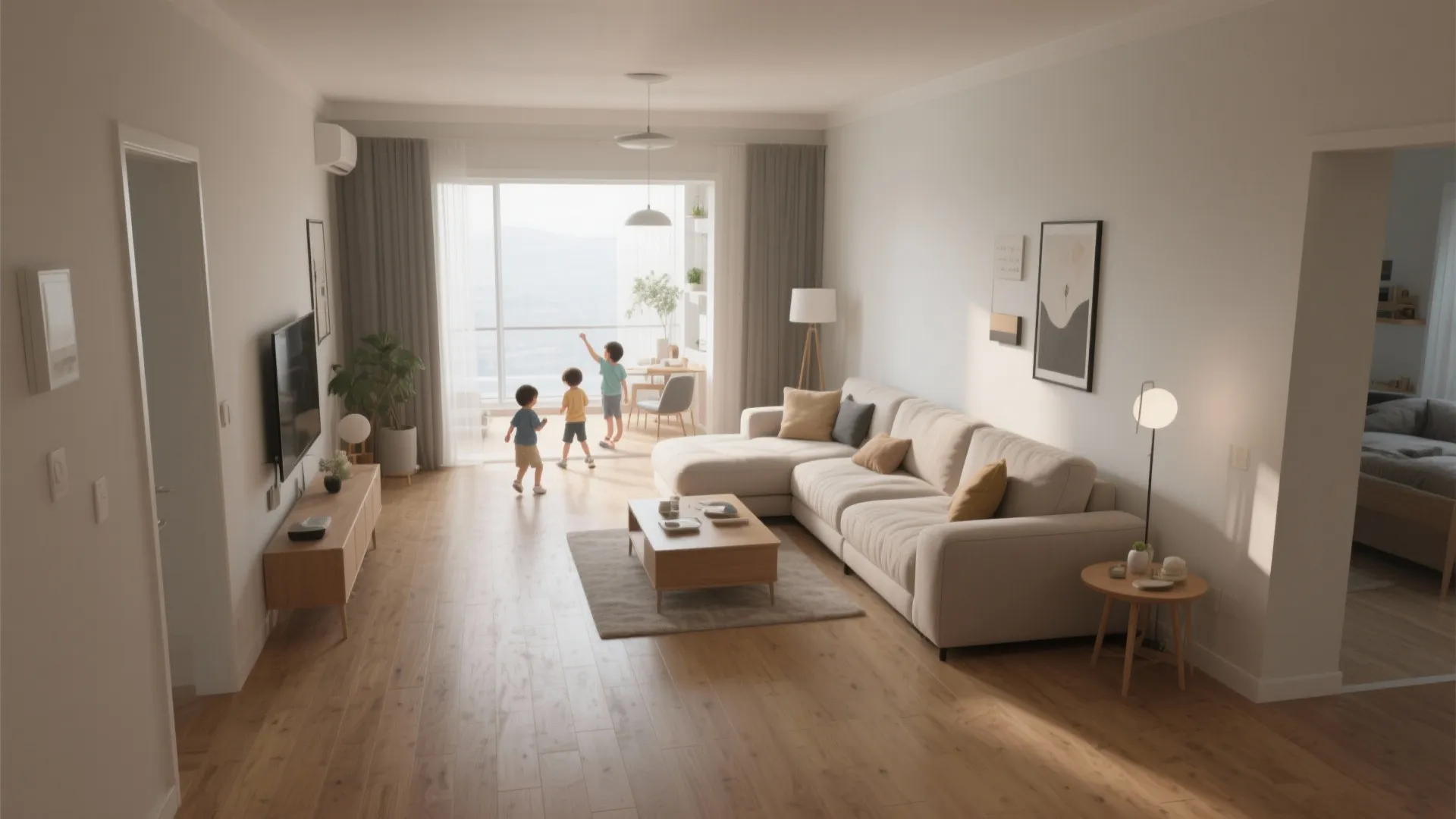 Modern open living room with cream sofa coffee table wood floor and children near balcony window