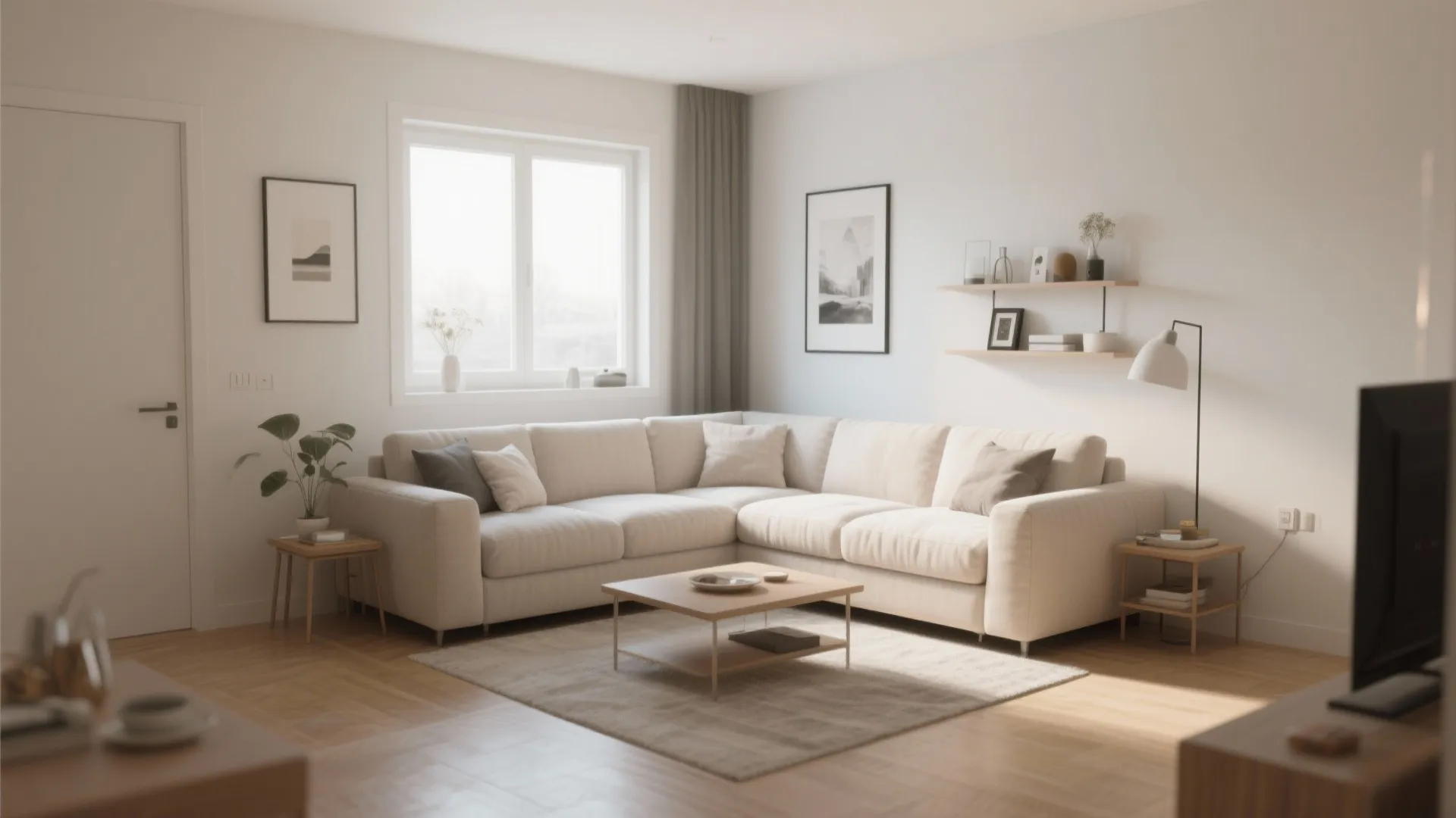 Cozy living room with large white sofa wooden coffee table floor lamp and a window
