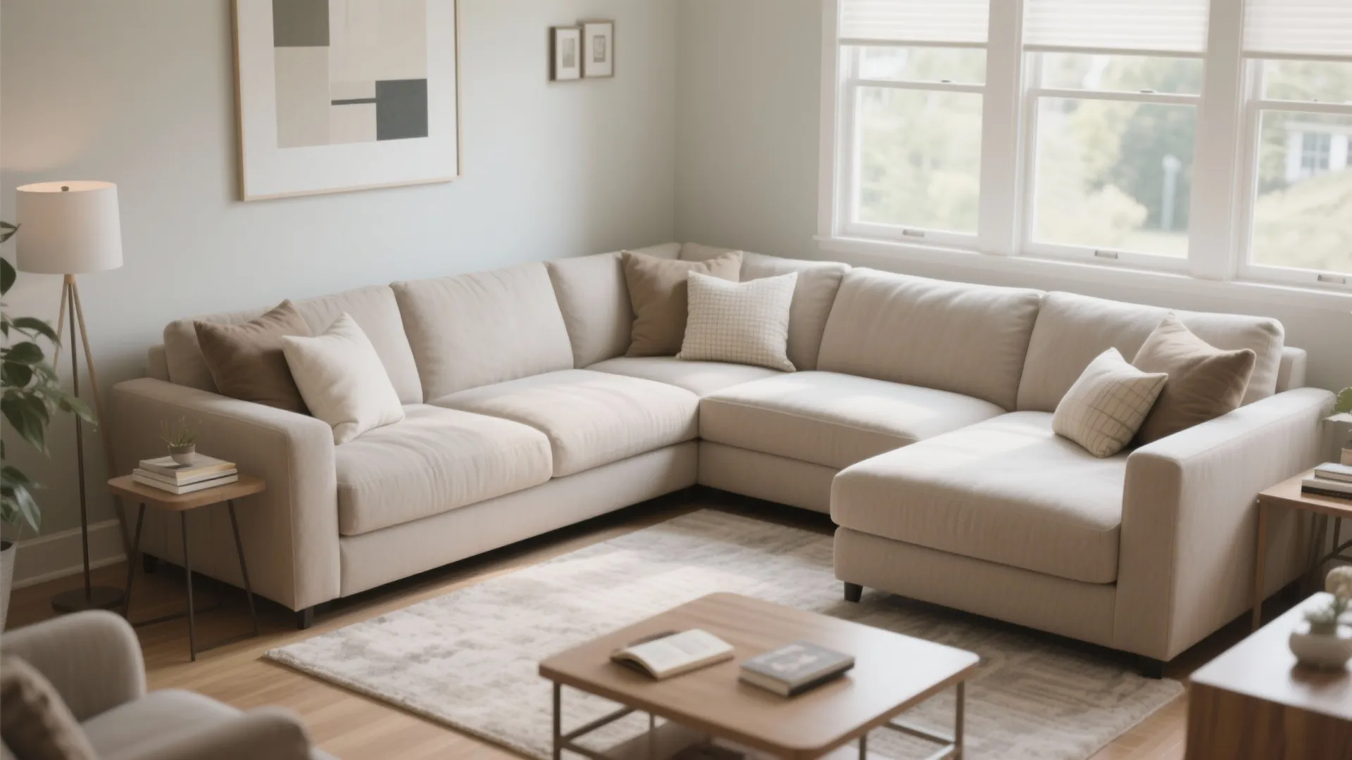 Cozy living area with a large corner sofa wooden floor small side tables and windows