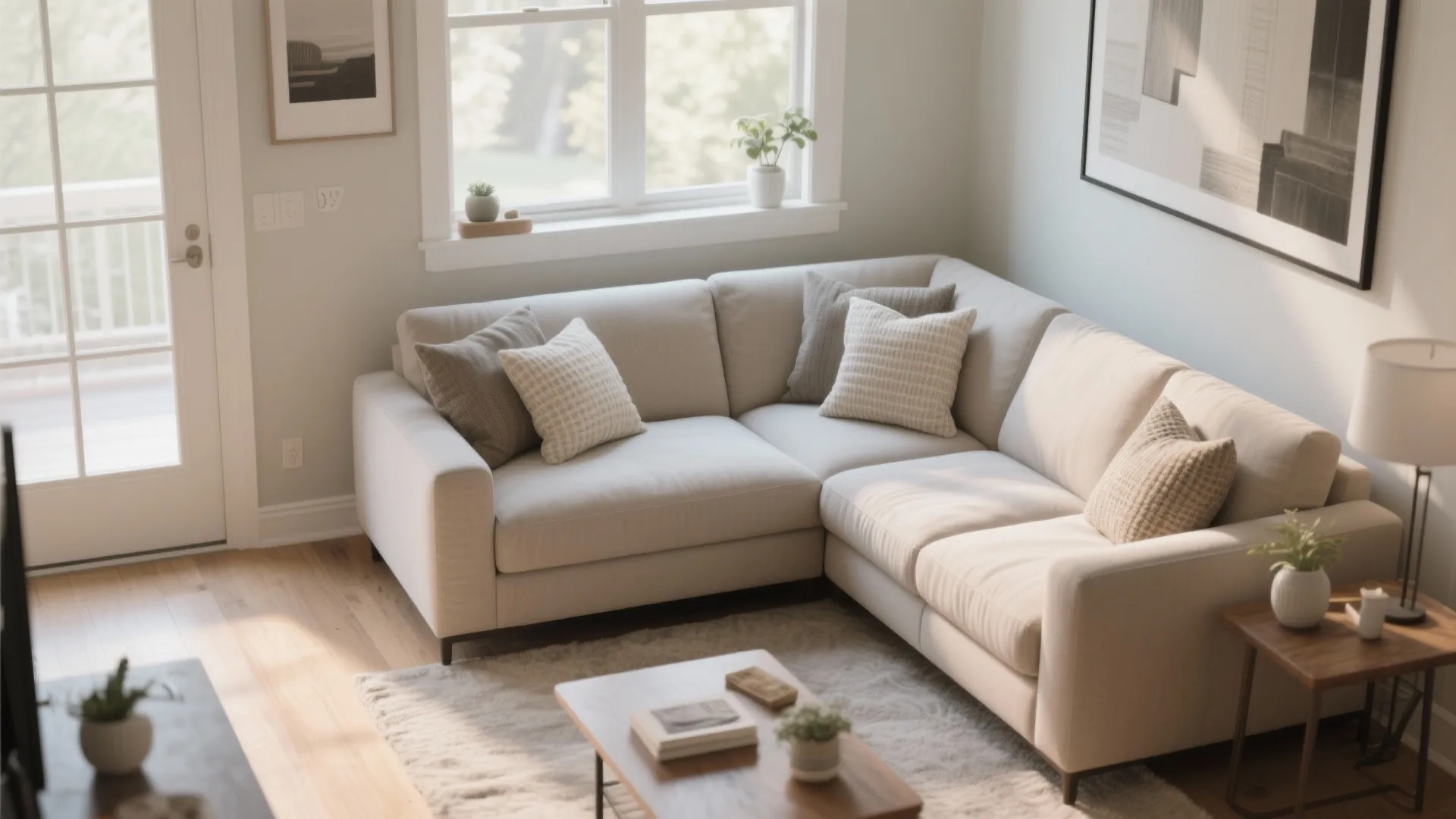 Beige sofa with pillows in bright living room next to window with soft natural sunlight