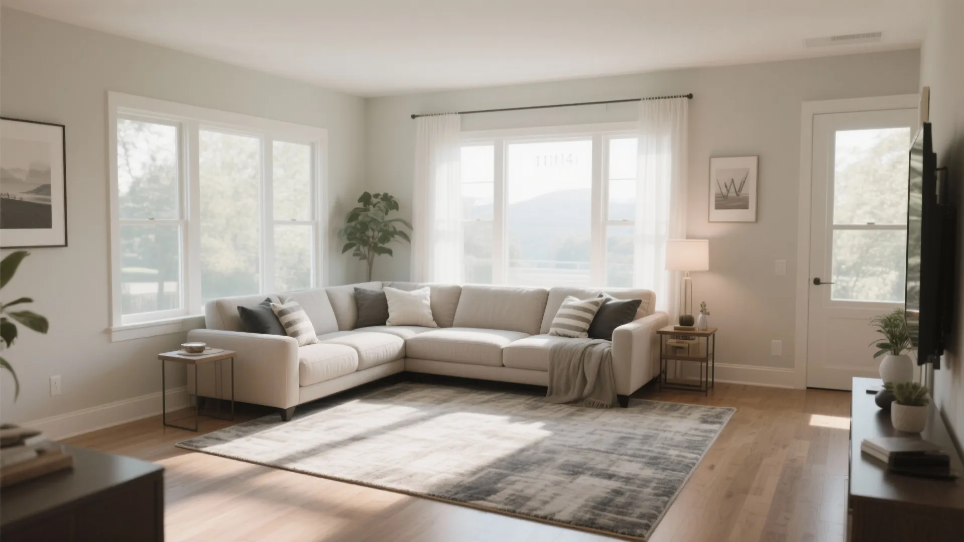 Modern bright living room with cream sofa gray rug large windows side table and plants