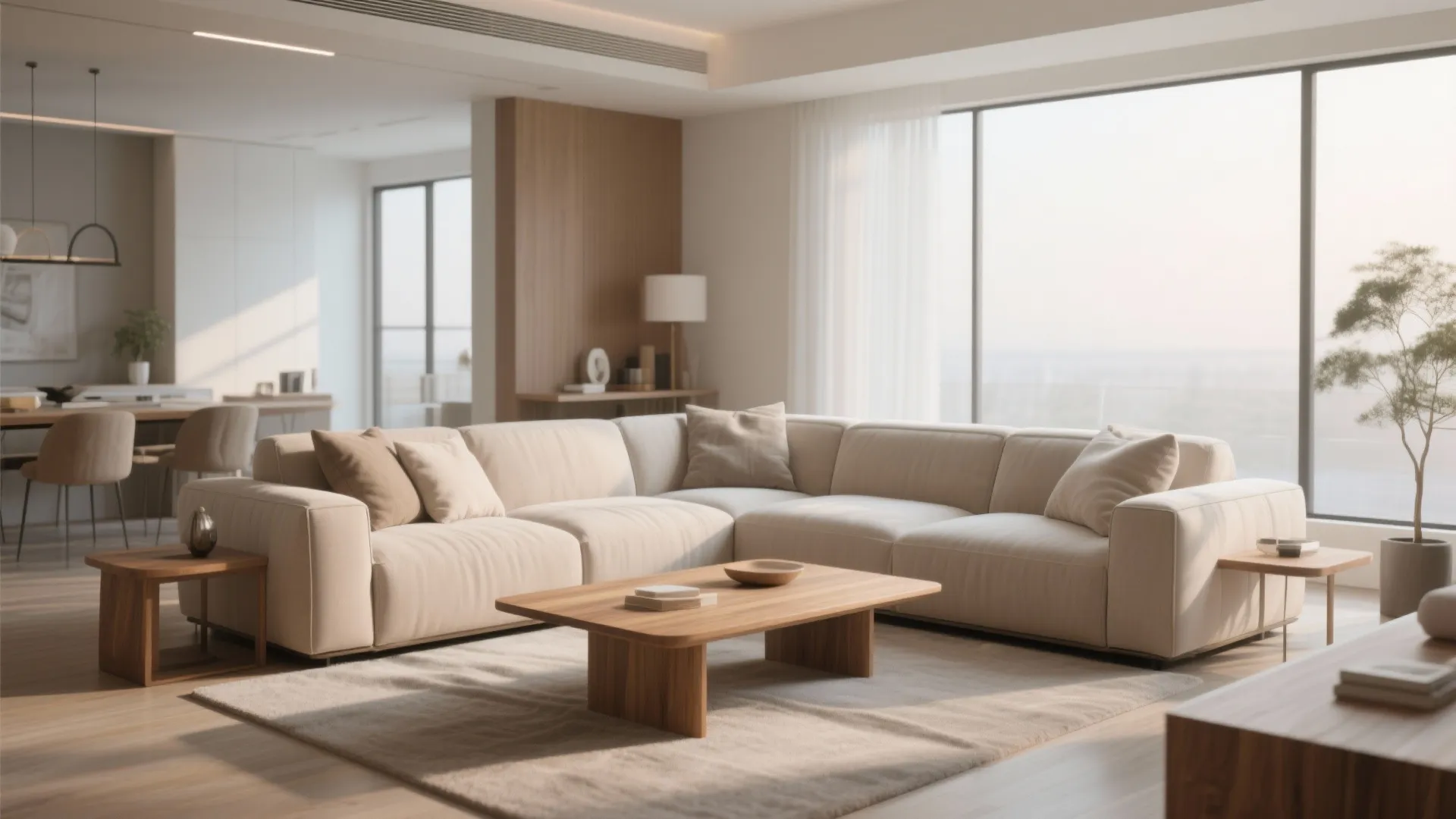 Modern bright living room featuring cream L-shaped sofa wooden coffee table and large glass windows