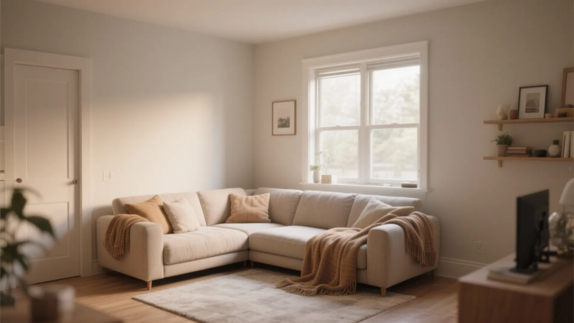 Cozy cream sofa with soft blankets near a window in a bright and warm room