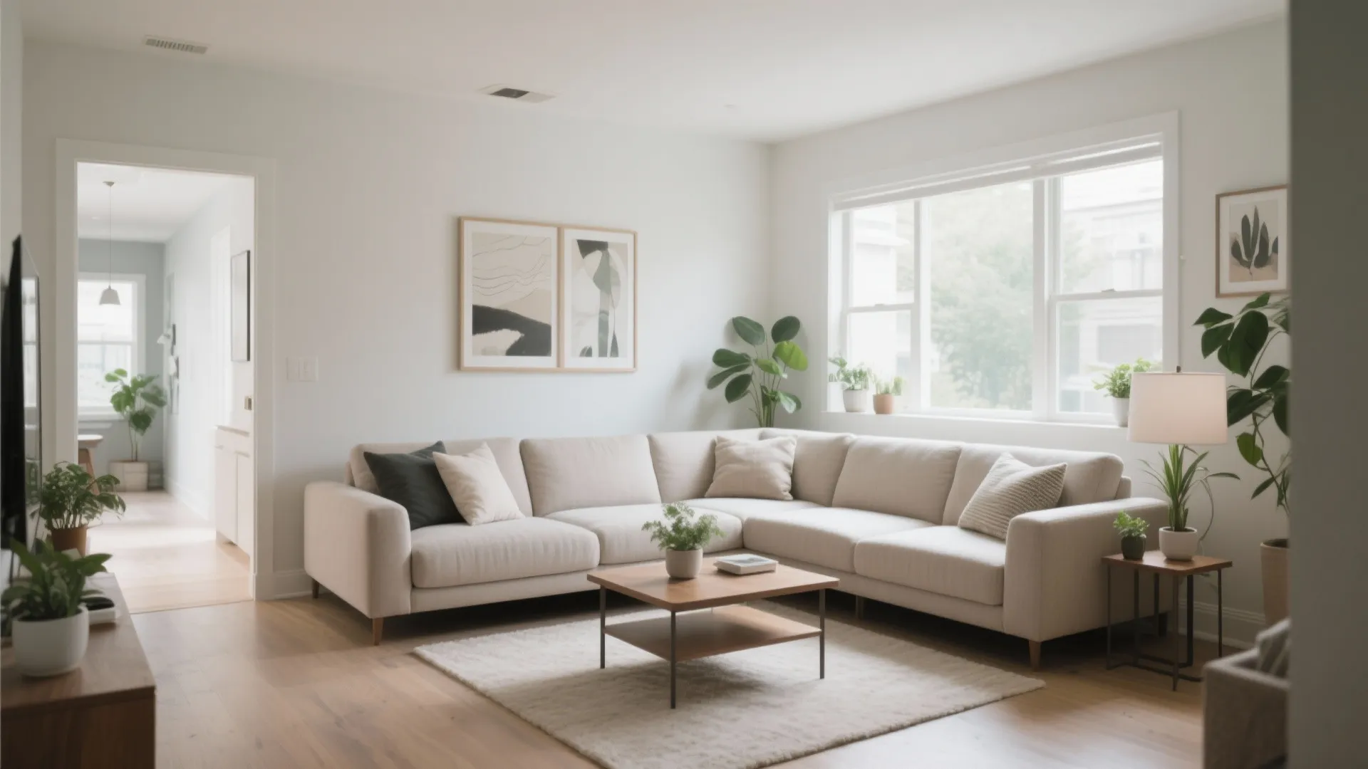 Bright living room with large beige sofa wooden coffee table white rug and natural window light