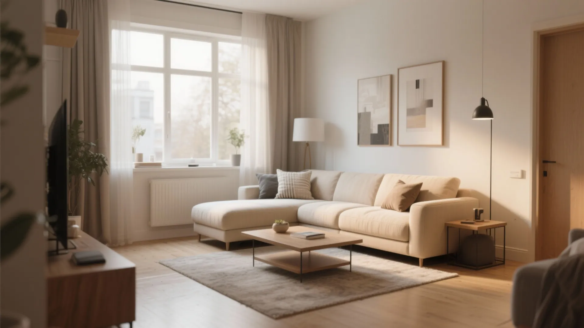Modern living room with cream sofa coffee table grey rug two wall paintings and windows