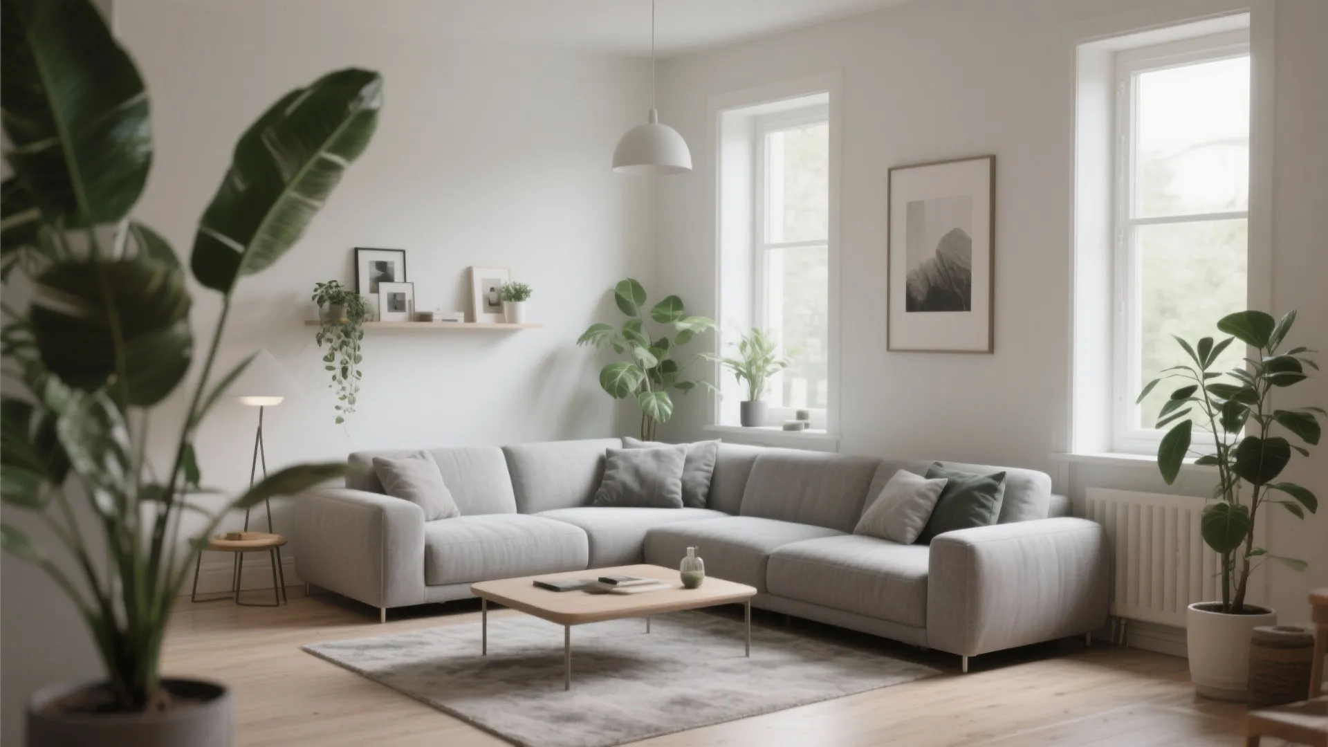 Bright living room with a large grey sofa and wooden coffee table plus green plants
