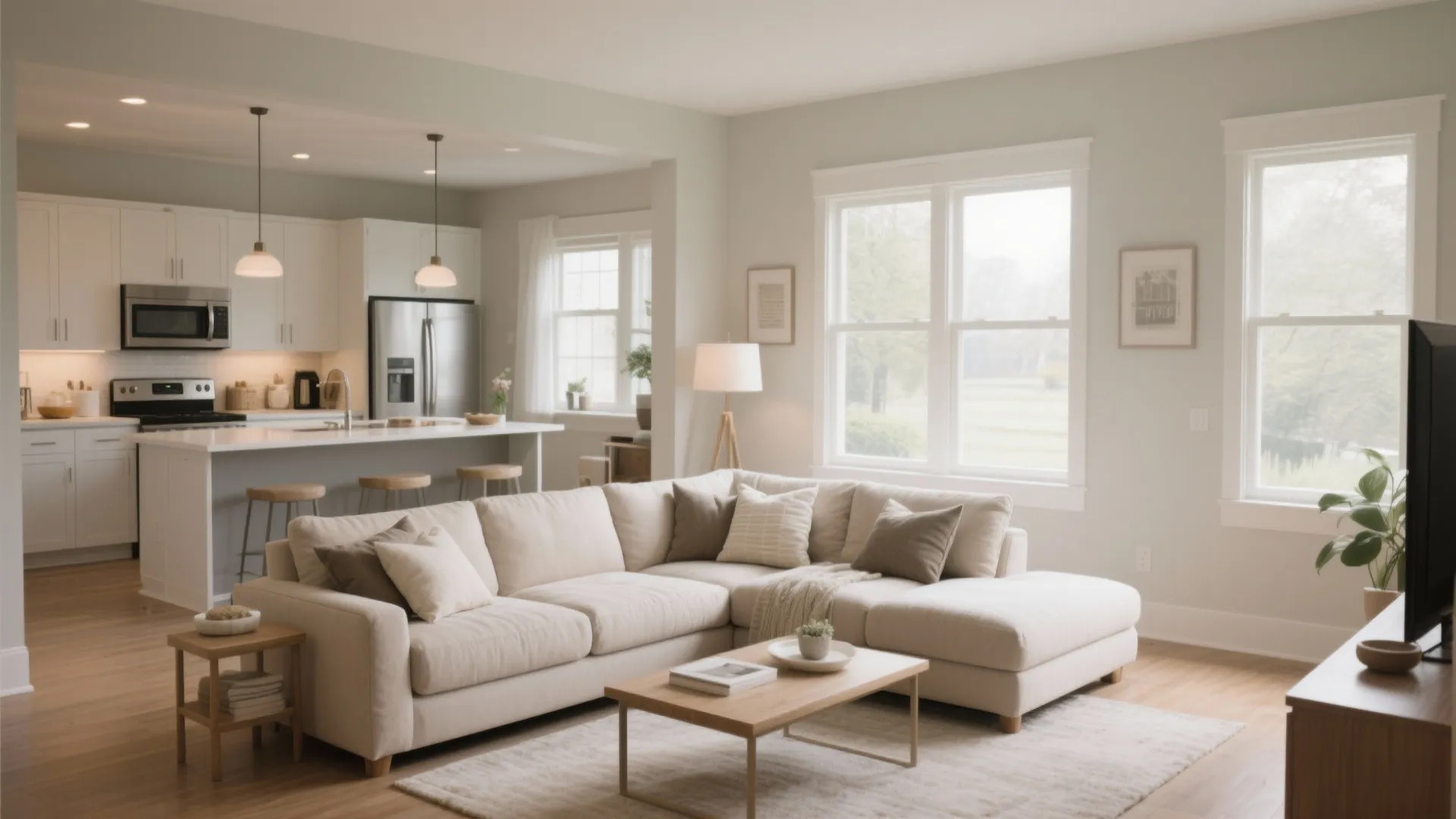 Modern open plan living room with cream sofa wooden coffee table and white kitchen cabinets