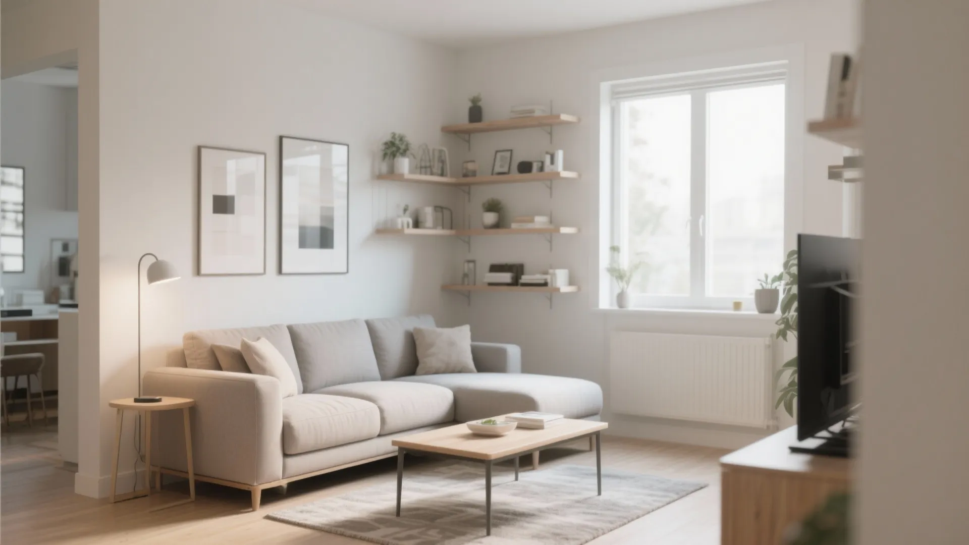 Cozy living room featuring grey sofa wall shelves wooden coffee table and natural window light
