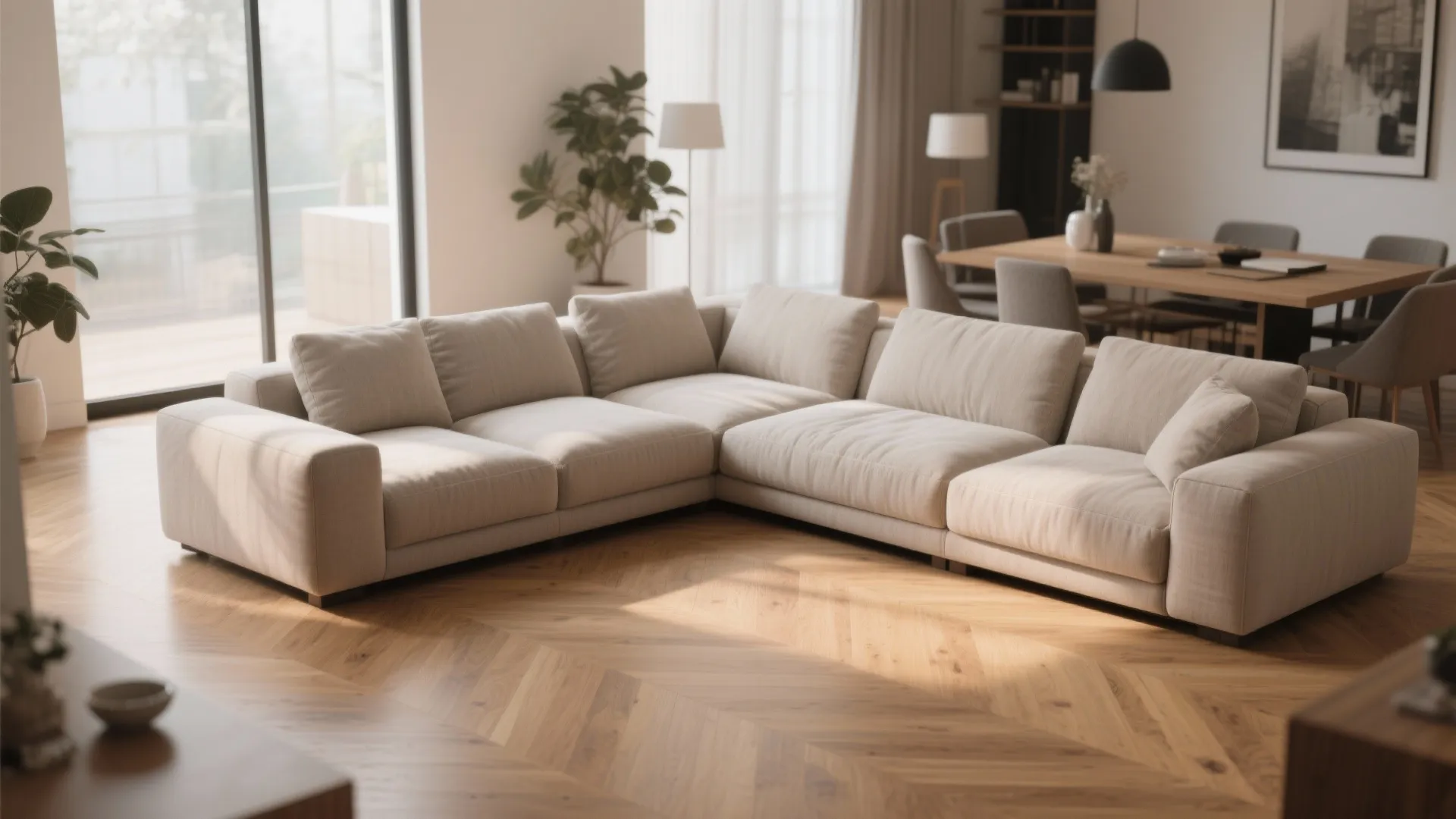 Modern l-shaped beige sofa in a sunlit living room with wood floors and dining table