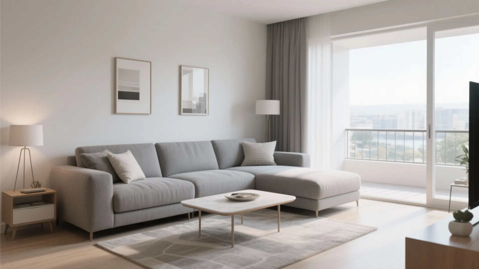 Modern grey sofa in bright living room with coffee table rug and large balcony window