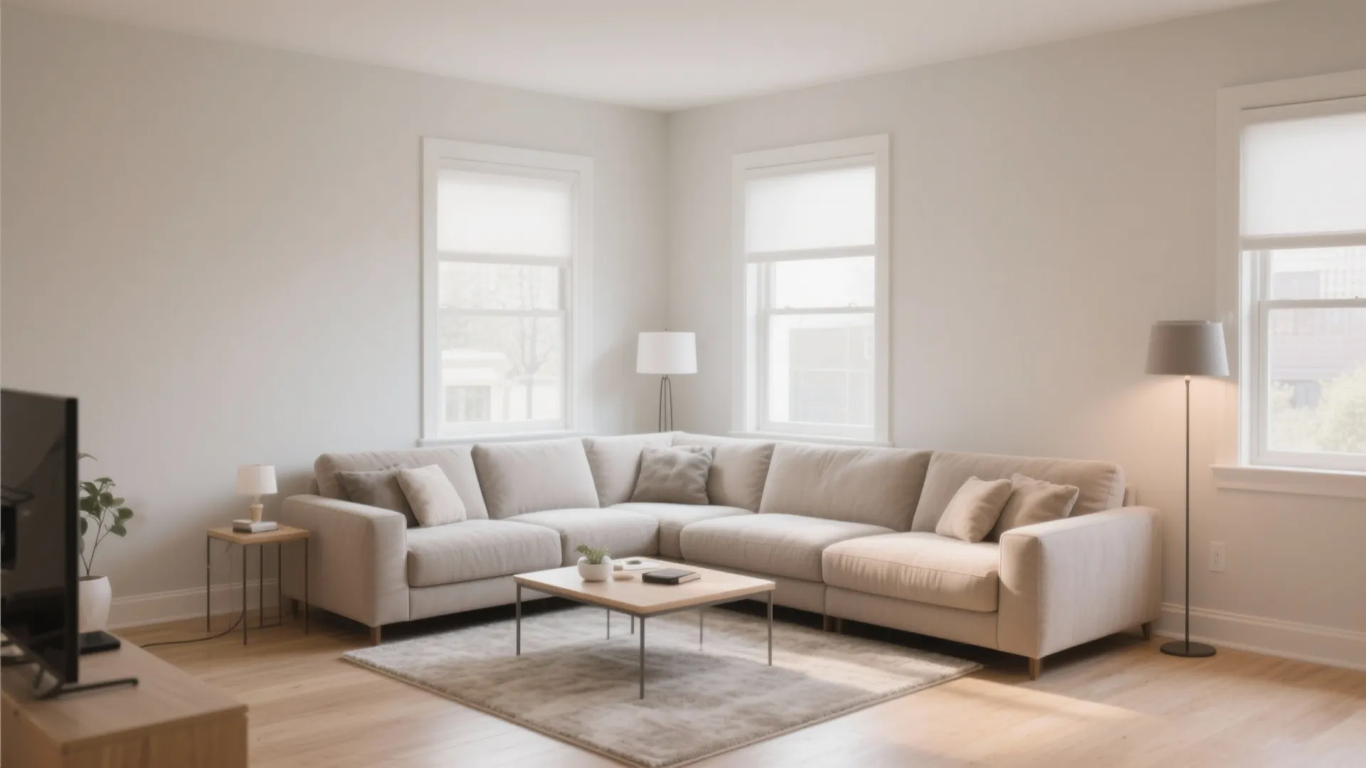 Modern living room with a large beige sectional sofa square coffee table and floor lamp