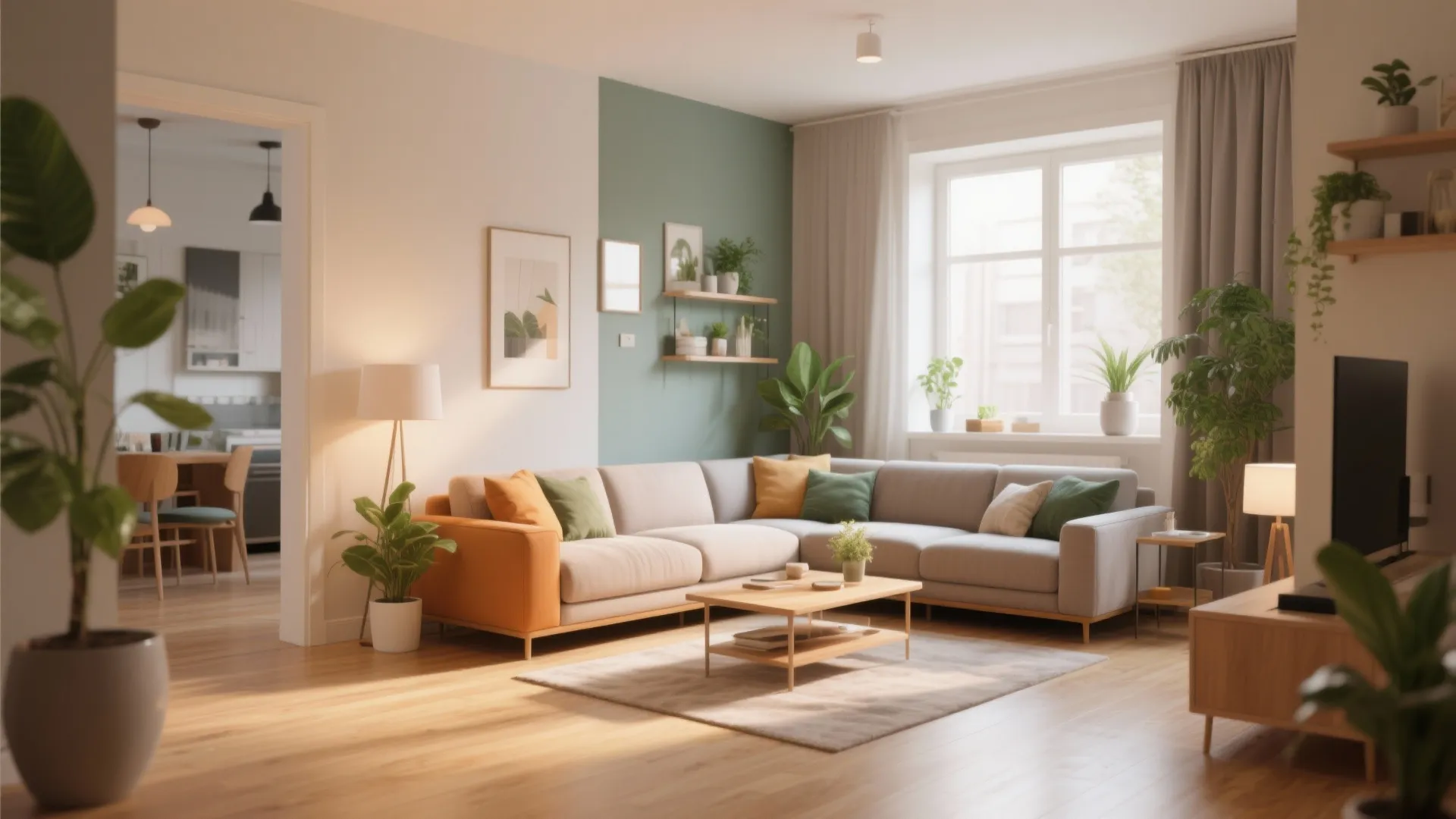 Bright living room with grey and orange sofa wooden coffee table green plants and wall panel