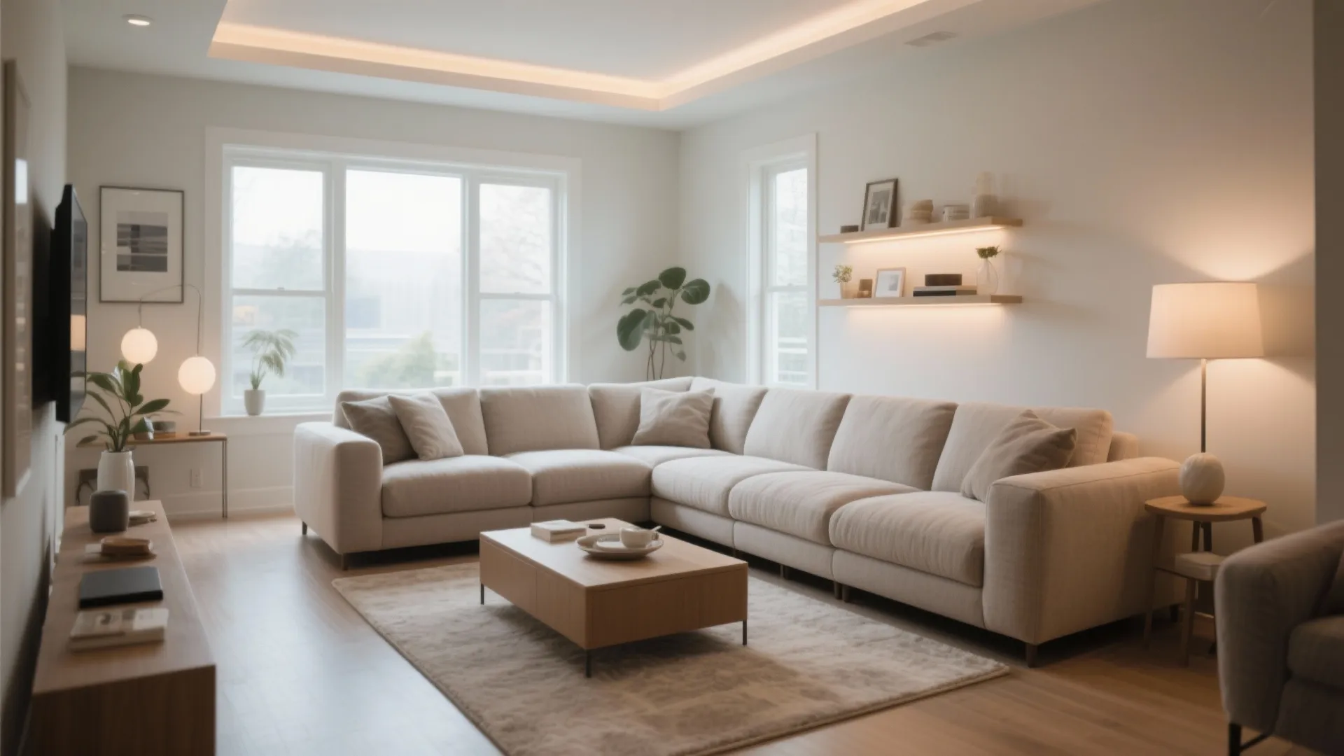 Modern bright living room featuring large beige l-shaped sofa coffee table and warm ceiling light design